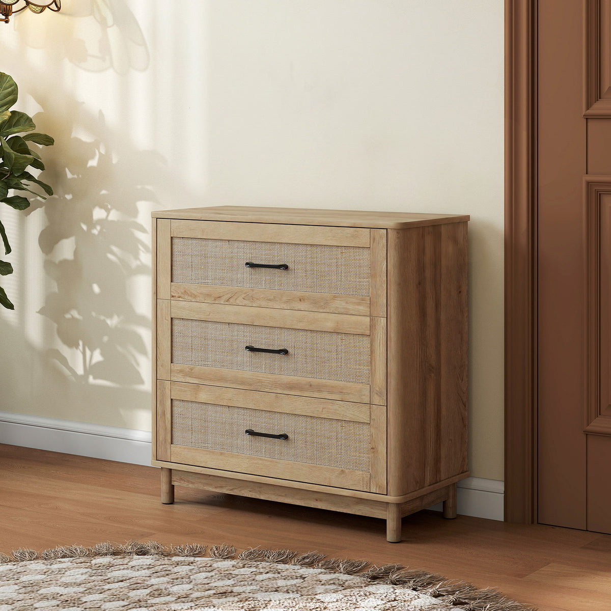 Commode 3 Tiroirs en Rotin, Meuble de Rangement, Chiffonnier, Pieds en Bois Massif, Style Bohème, 76x35x76cm, Chêne