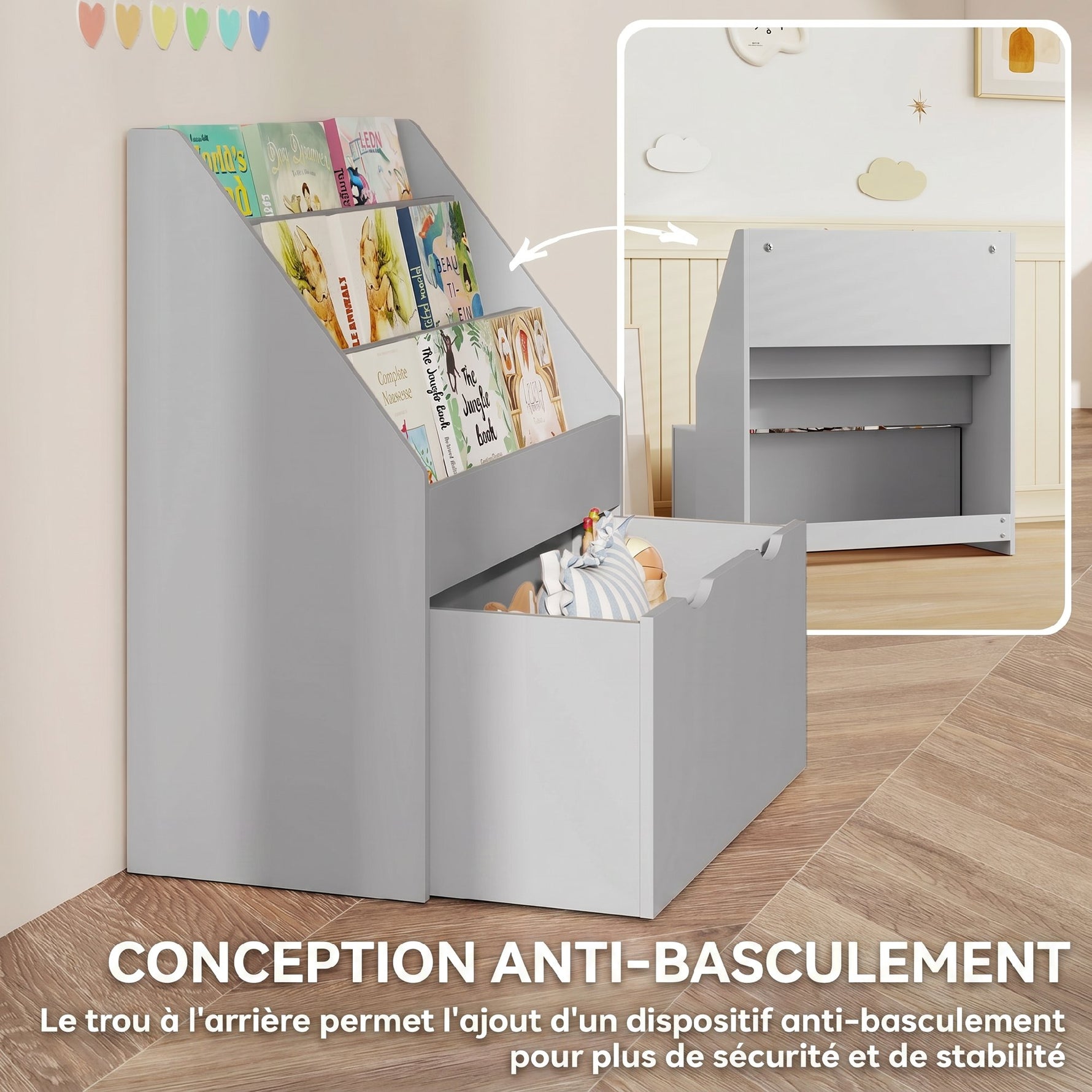 Bibliothèque pour enfants Multi-Rangement avec 3 niveaux d'étagères et un tiroir, 62,5L x 30l x 70H cm, gris
