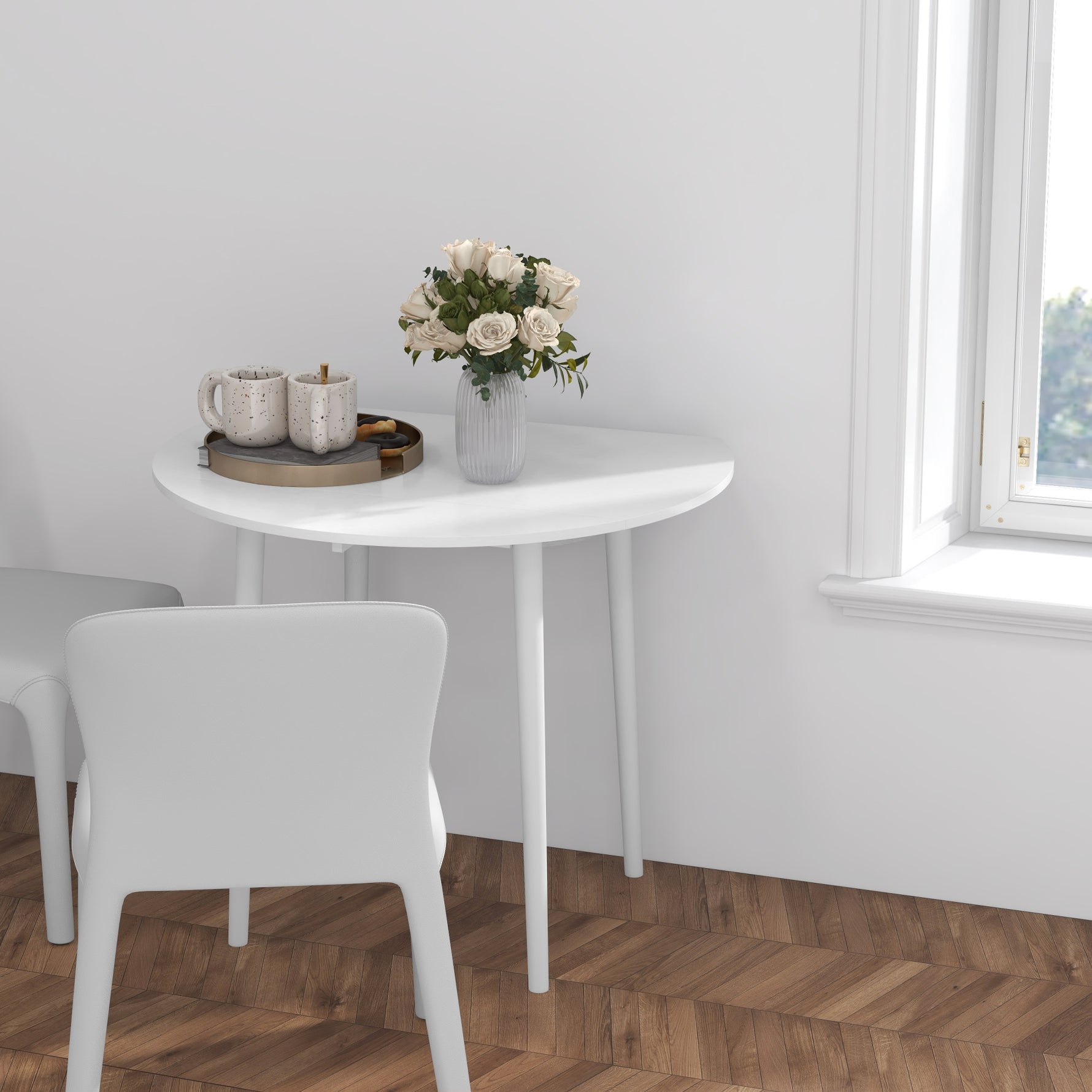 Table de salle à manger pliante 2 abattants, table ronde extensible pour 4 personnes, pieds en bois Ø 89 x 73,5 cm, blanc