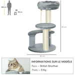 Arbre à chats 2 griffoirs grattoirs sisal naturel 3 plateformes corde à grimper dim. Ø 40 x 65H cm peluche haute densité 500 g/m² gris