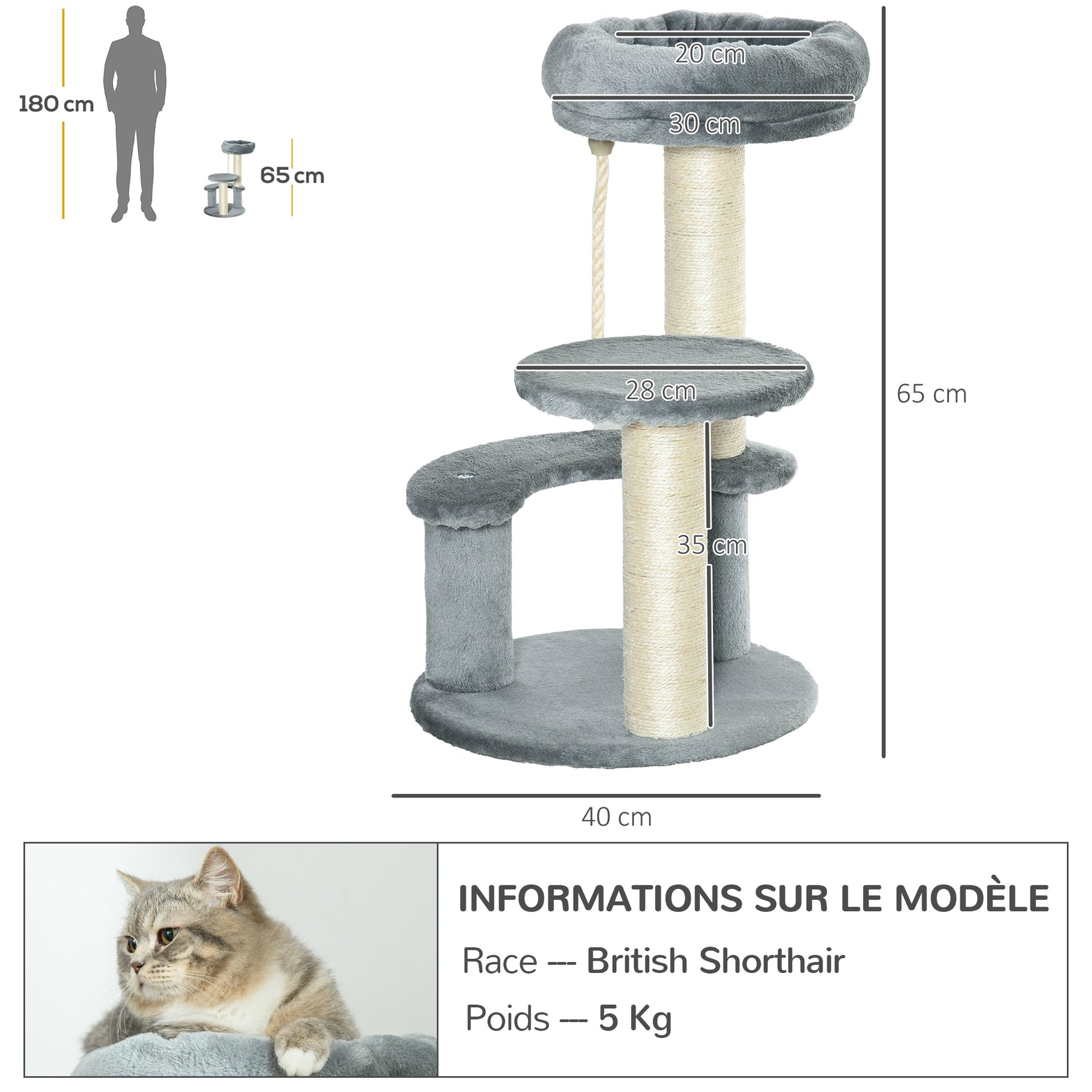 Arbre à chats 2 griffoirs grattoirs sisal naturel 3 plateformes corde à grimper dim. Ø 40 x 65H cm peluche haute densité 500 g/m² gris