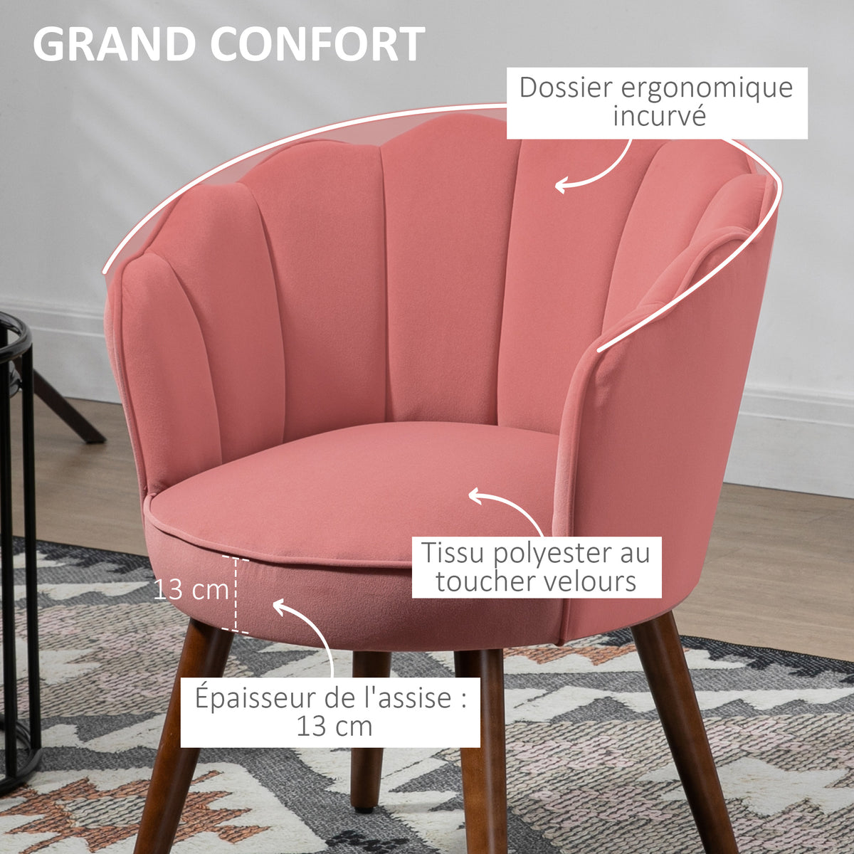 Fauteuil Coquillage Fauteuil de Salon Chambre avec Dossier et Coussin Aspect Velours Pieds en Bois hévéa 66L x