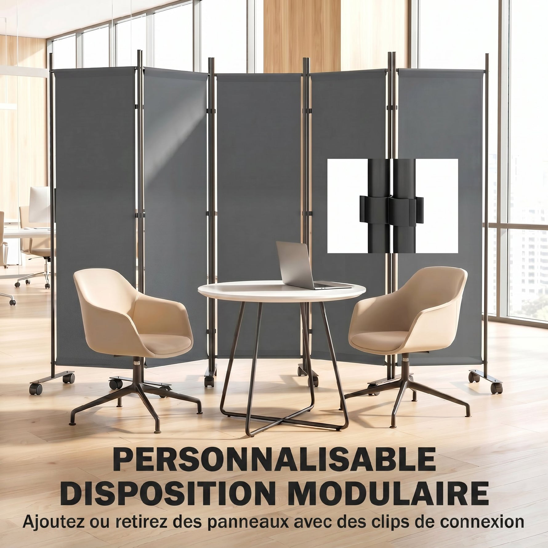 Paravent 5 Panneaux 252x170cm, Paravent Pliant avec 12 Roulettes et Clips de Connexion, Acier et Polyester, Gris Foncé