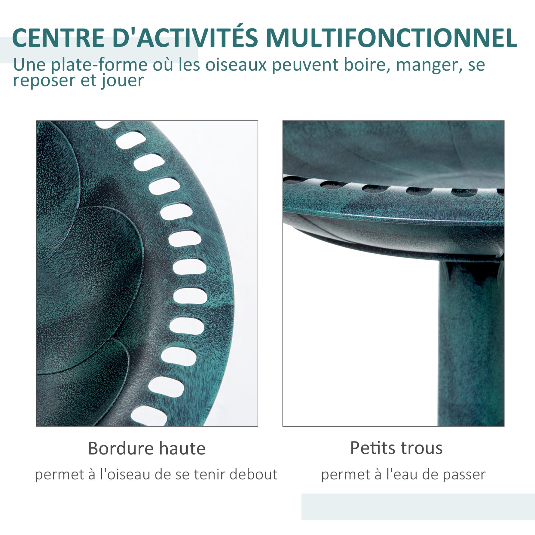 Bain d'oiseaux plateau de diamètre 50cm abreuvoir oiseaux extérieur sur pied hauteur 69,5 cm érugineux