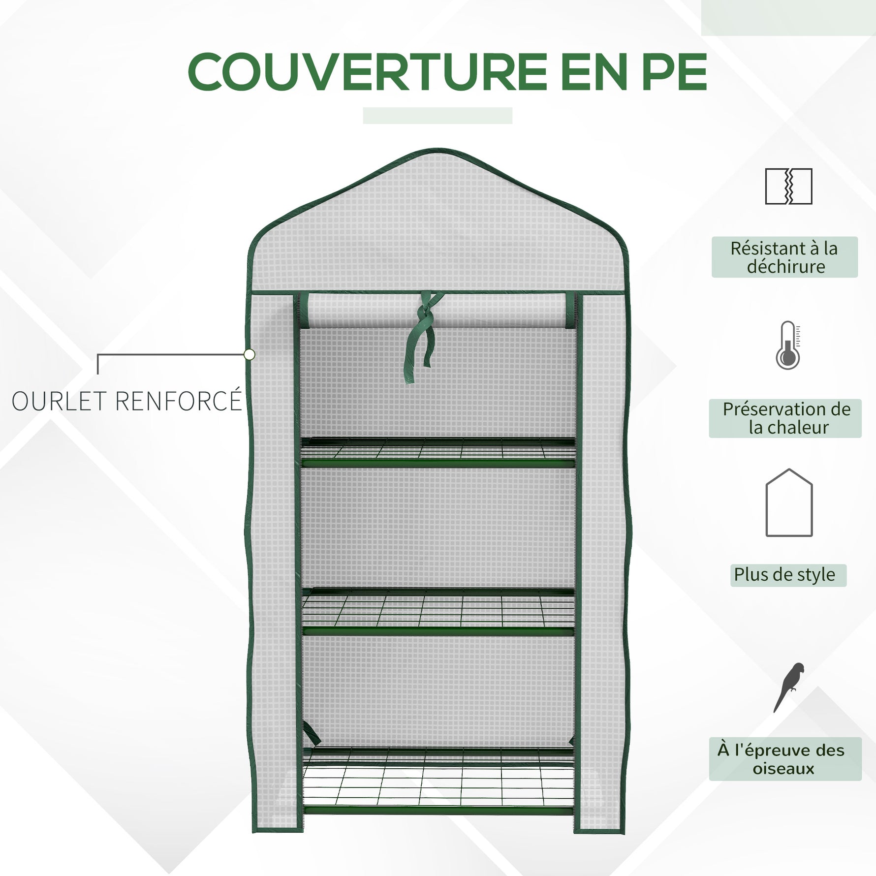 Serre de Jardin étagère 3 Niveaux dim. 59L x 39l x 127H cm métal thermolaqué Vert PE Haute densité 140g/m² Blanc