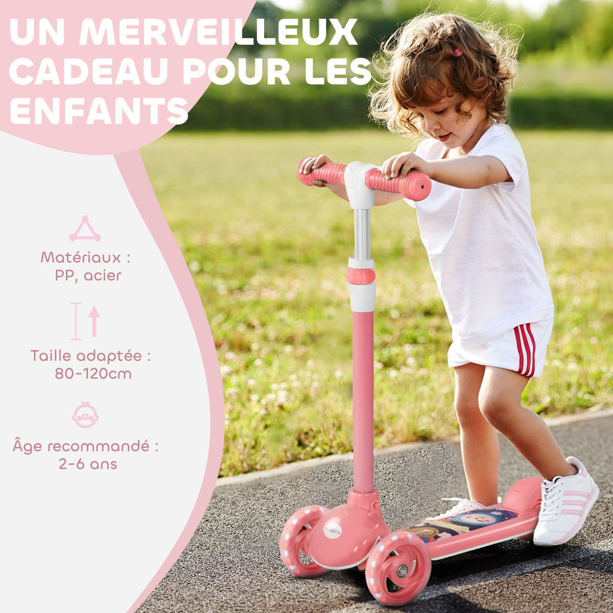 Trottinette enfant 3 Roues Lumineuses LED Hauteur Guidon réglable frein à Friction arrière de 2 à 6 ans Rose