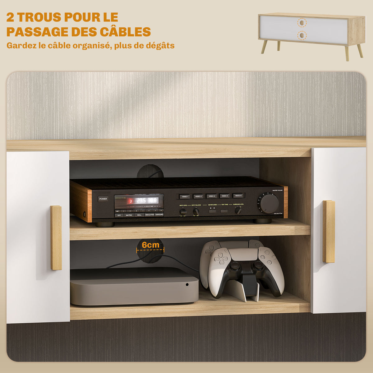 Meuble TV meuble télé bois banc TV jusqu'à 50 pouces avec étagères, 2 placards et passe-câbles, chêne