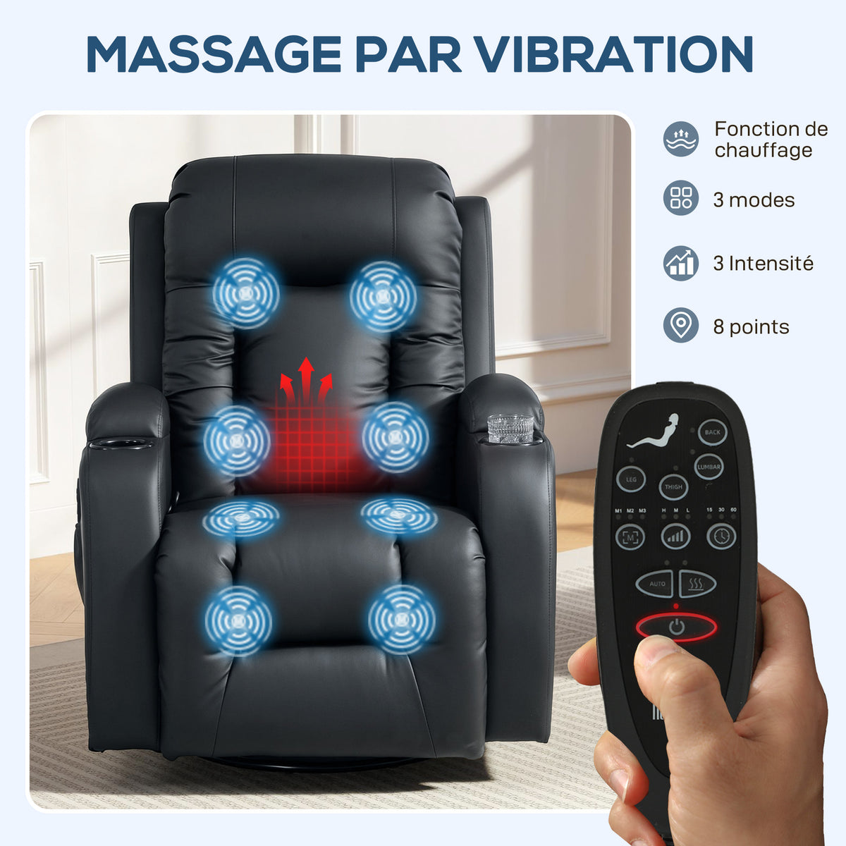 Fauteuil inclinable de massage et chauffage, fauteuil de relaxation, dossier réglable, pivotant 360°, 82x99x103cm, noir