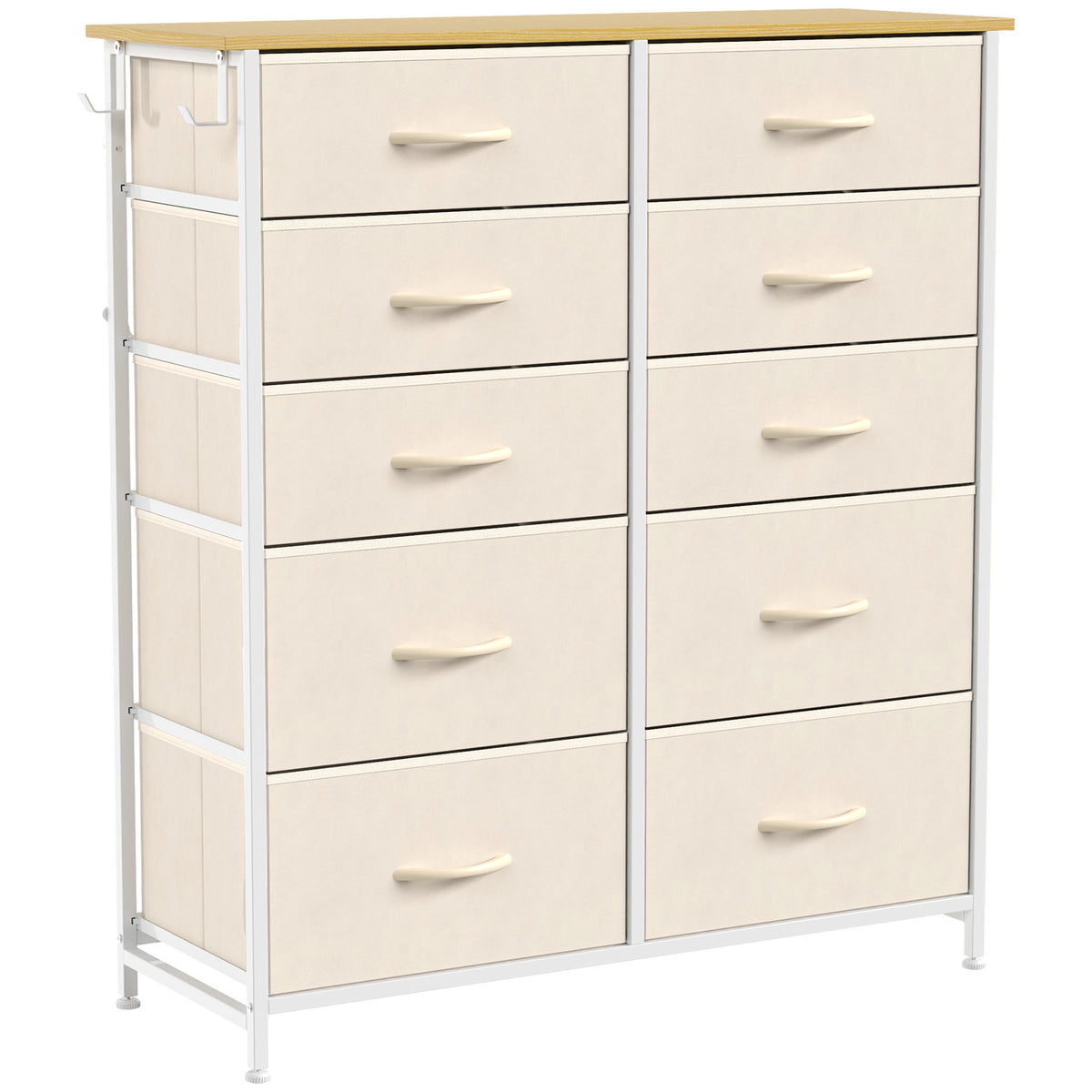 Cassettiera a 10 cassetti in tessuto, mobile contenitore con 4 tasche, 2 ganci, struttura in acciaio, 80 x 30 x 94,5 cm, beige