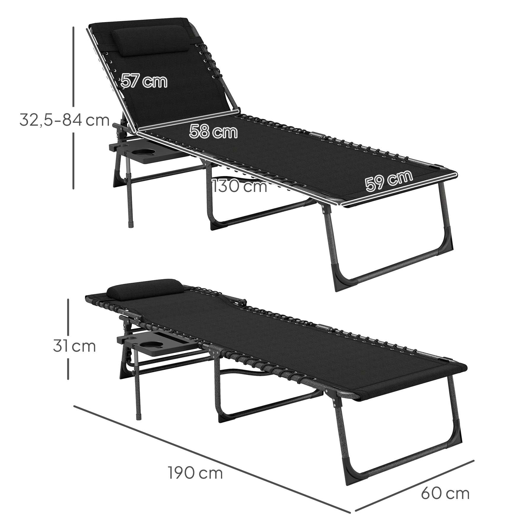 Bain de soleil pliante dossier réglable sur 5 niveaux, plateau, appuie-tête, poche latérale 60 x 190 x 31 cm, noir
