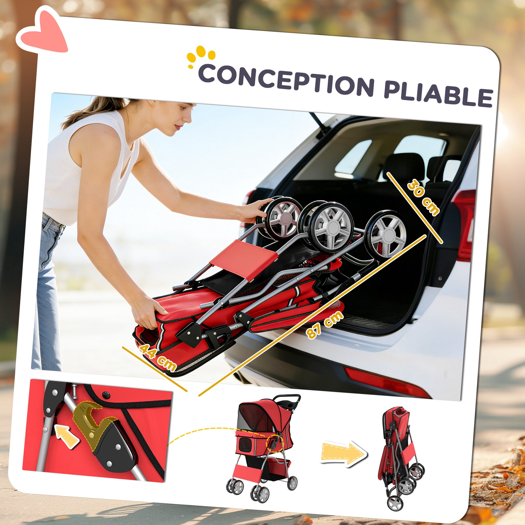 Poussette buggy pliable animaux chariot pliante chien chat porte-gobelet panier de rangement 75 x 45 x 97 cm rouge