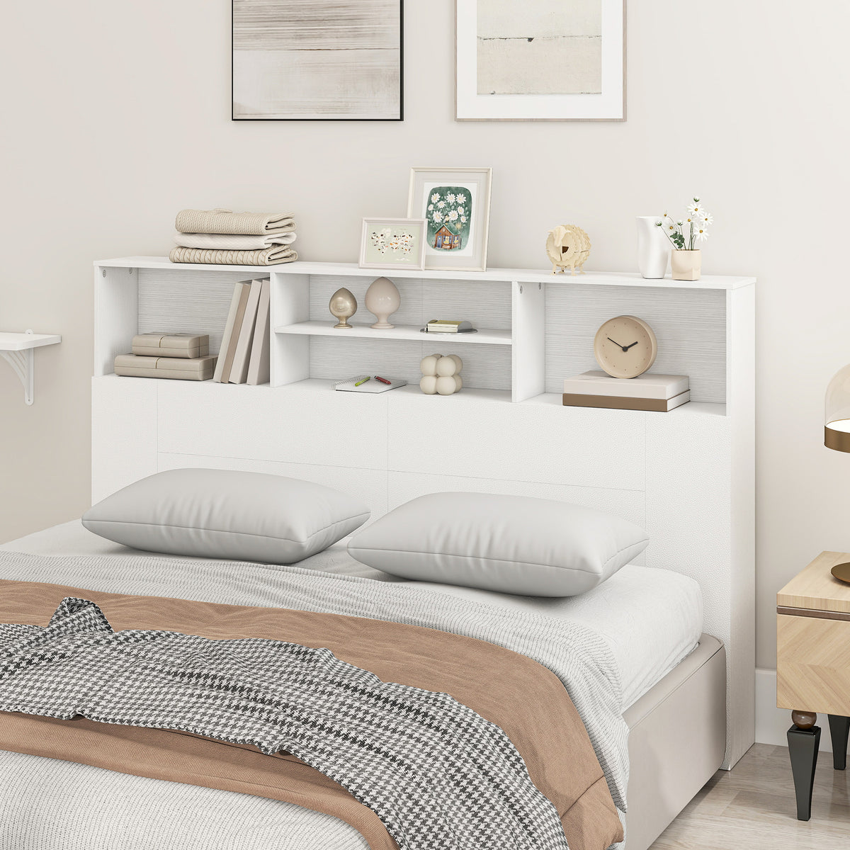 Tête de lit sur pied avec rangements, accessoire de lit 4 compartiments ouverts, 160 x 20,2 x 108,2 cm, blanc