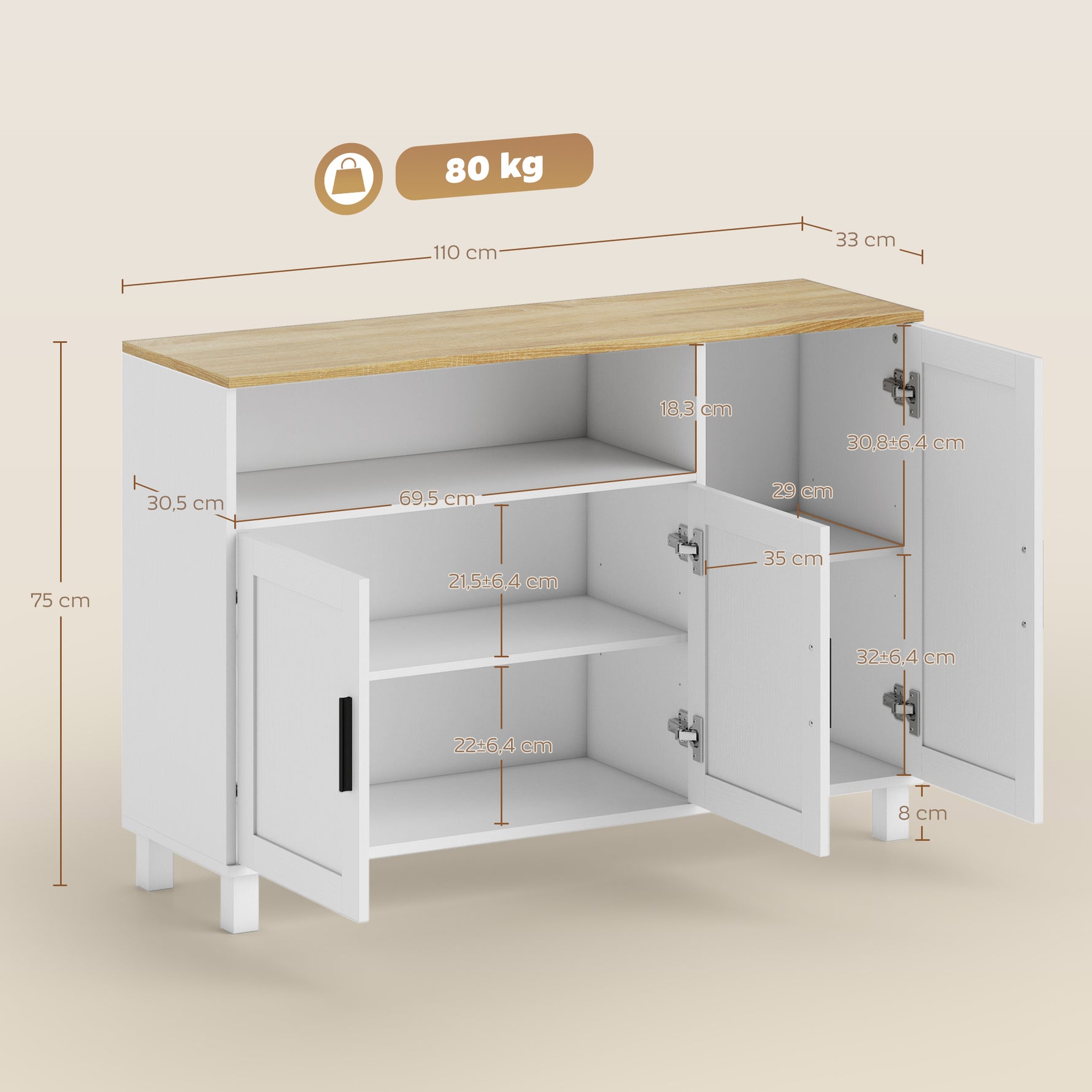 Buffet, meuble de rangement avec 3 portes, compartiment ouvert et étagères réglables, 110 x 33 x 75 cm, blanc
