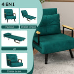 Fauteuil convertible 1 place fauteuil-lit chauffeuse 3 en 1 dossier réglable oreiller tissu velours 63x73x81cm vert