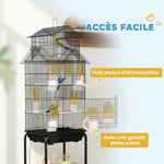 Cage à oiseaux sur pied, volière sur roulettes avec balançoire, support, design maison, 50,5 x 41 x 163 cm en acier noir