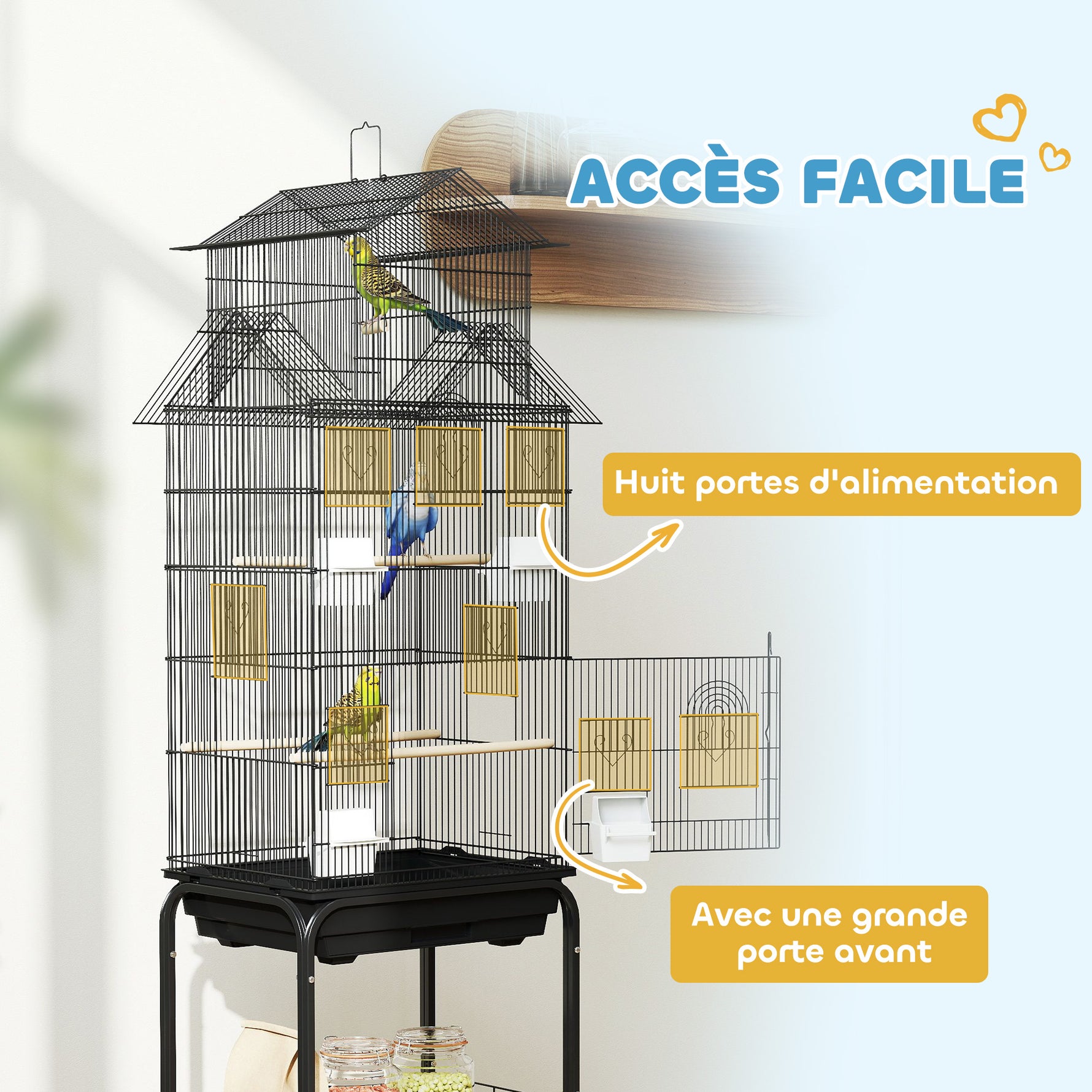 Cage à oiseaux sur pied, volière sur roulettes avec balançoire, support, design maison, 50,5 x 41 x 163 cm en acier noir