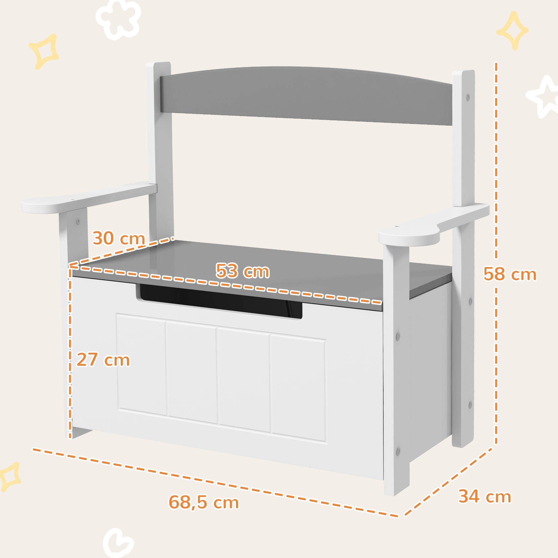 Coffre à jouets pour enfants 2 en 1 et banc avec dossier et accoudoirs - vérin pneumatique 68,5L x 34l x 58H cm
