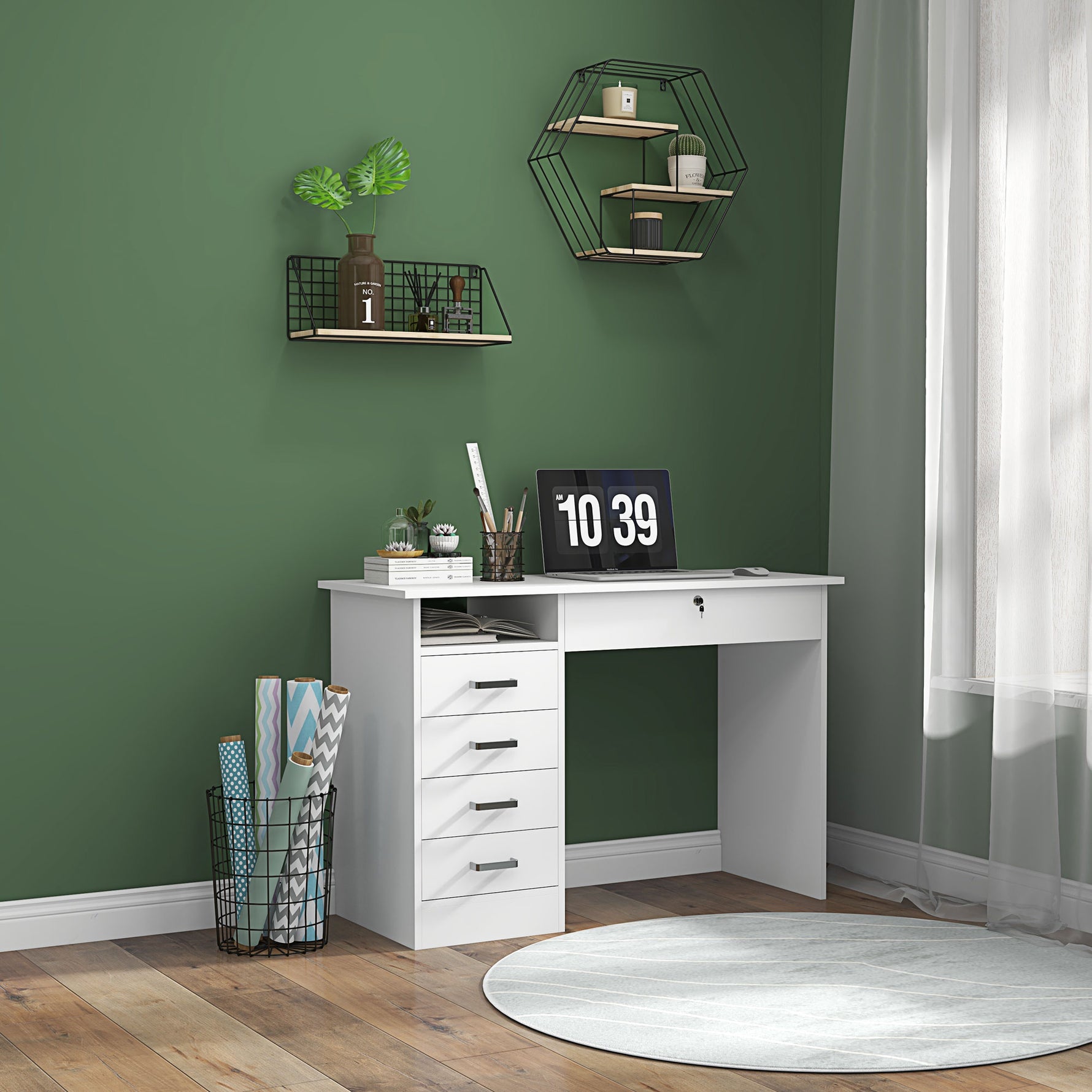 Bureau moderne avec 5 tiroirs, grand plateau, 1 compartiment ouvert, tiroir verrouillable, 110 x 50 x 76cm, blanc