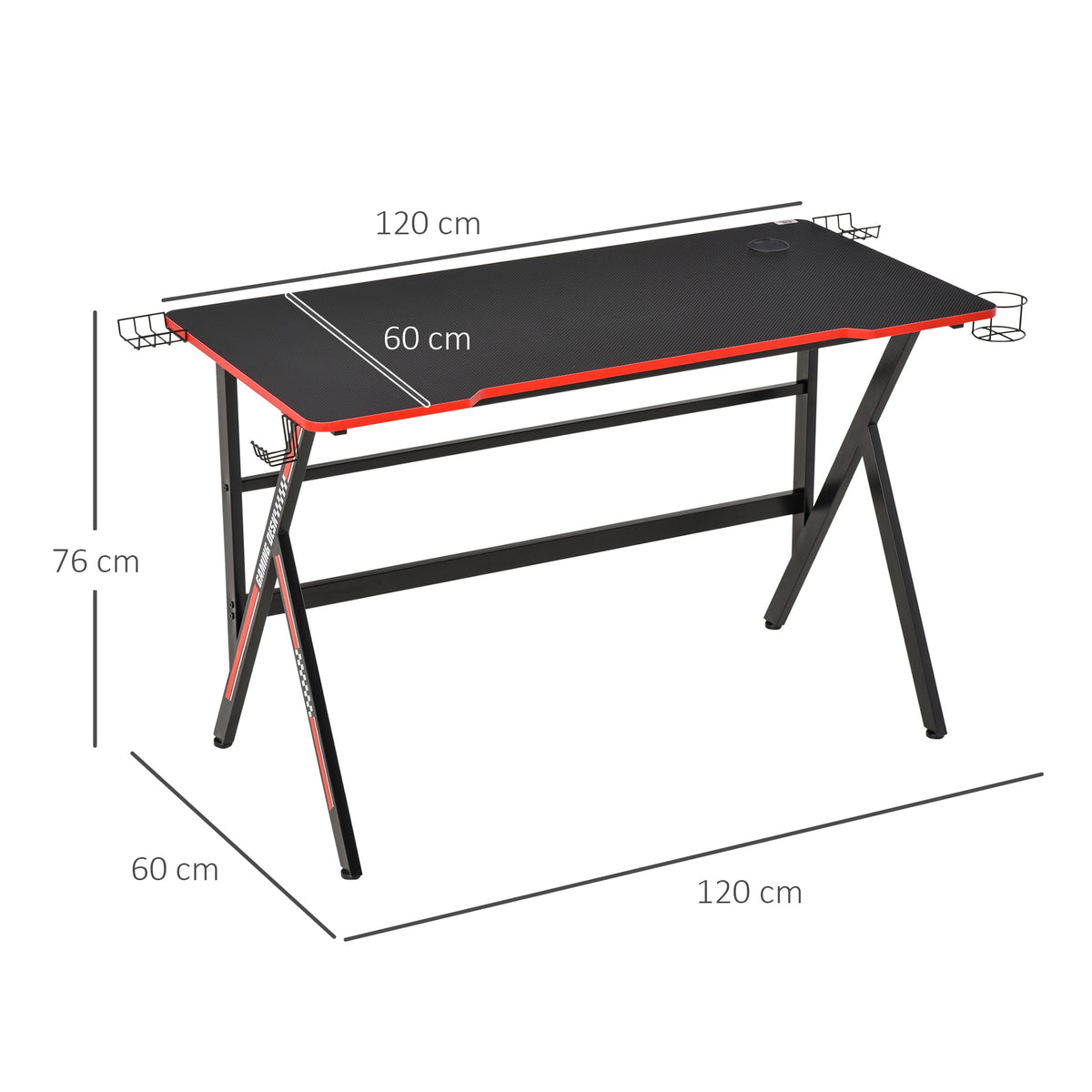 Bureau gaming racing bureau gamer bureau informatique bracket supports casque enceintes porte-gobelet métal plateau MDF texture carbone rouge noir