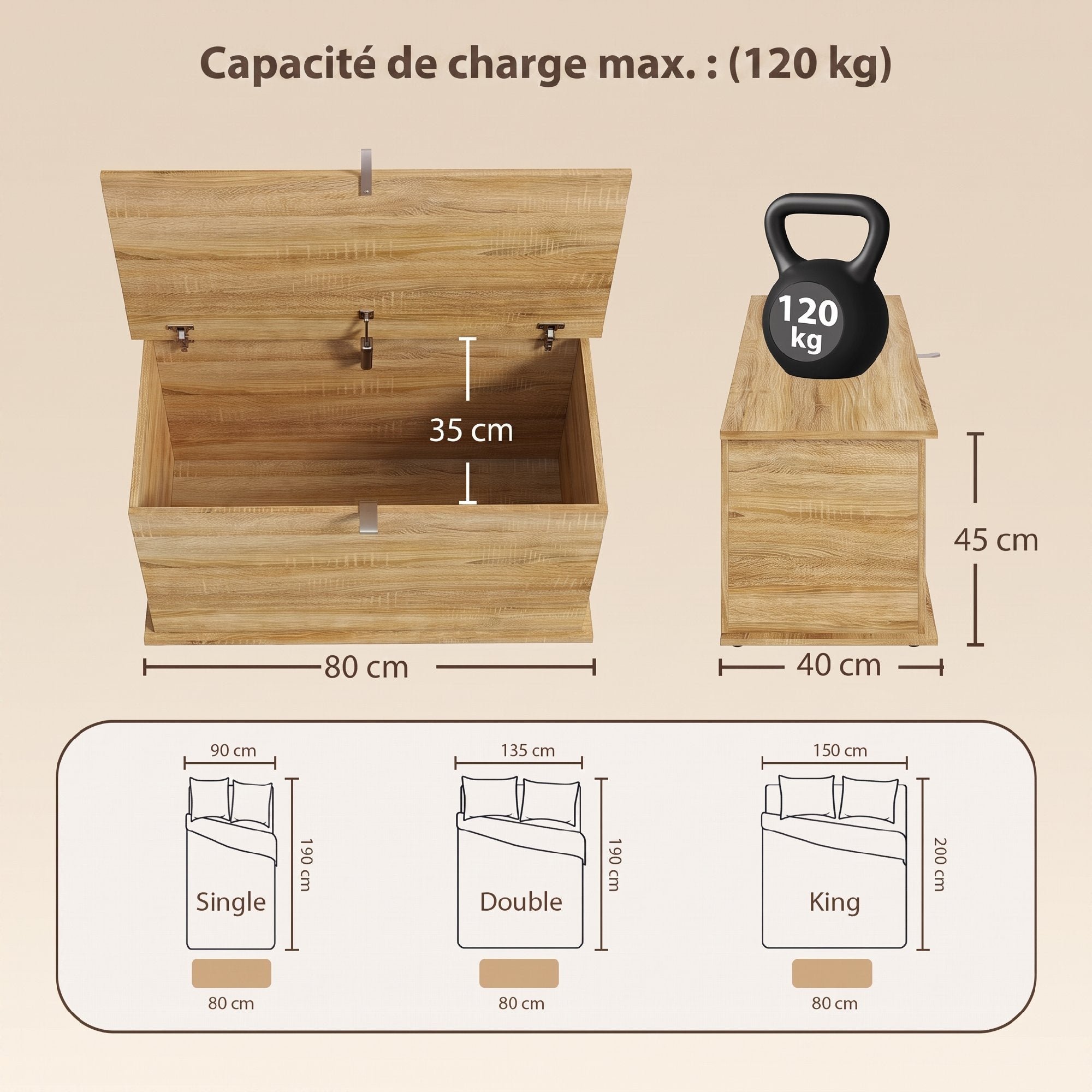Coffre de Rangement, Banc de Rangement avec Couvercle Rabattable et Charnières de Sécurité, 80 x 40 x 45 cm, Naturel
