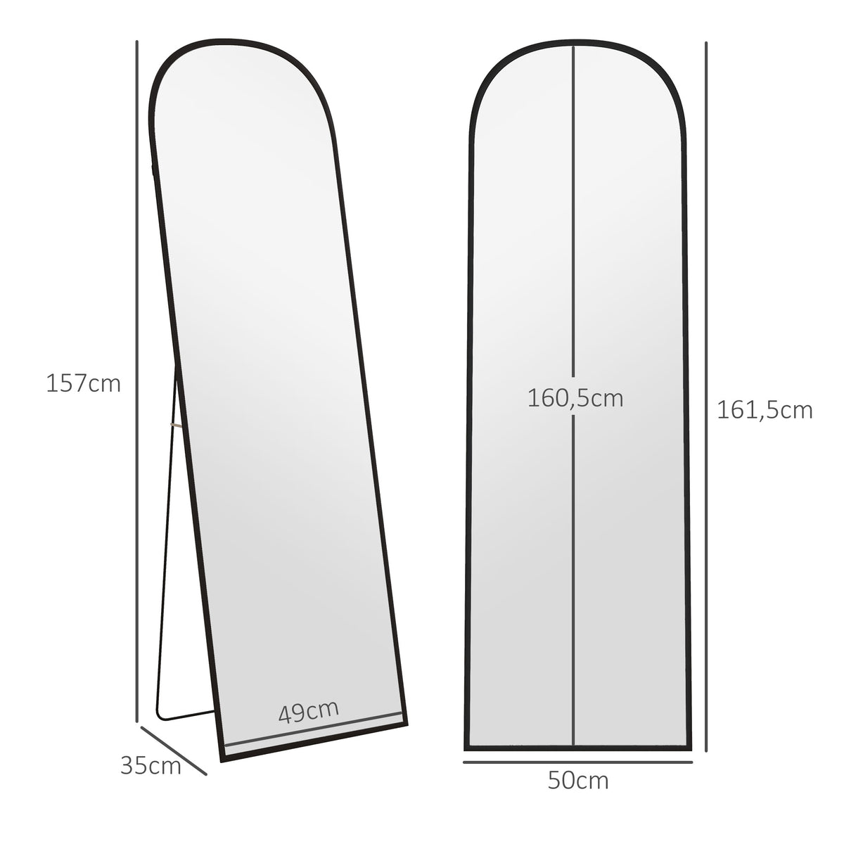 Miroir sur pied rectangulaire arrondi cadre en aluminium avec support pour entrée chambre dressing 50 x 161,5 cm noir