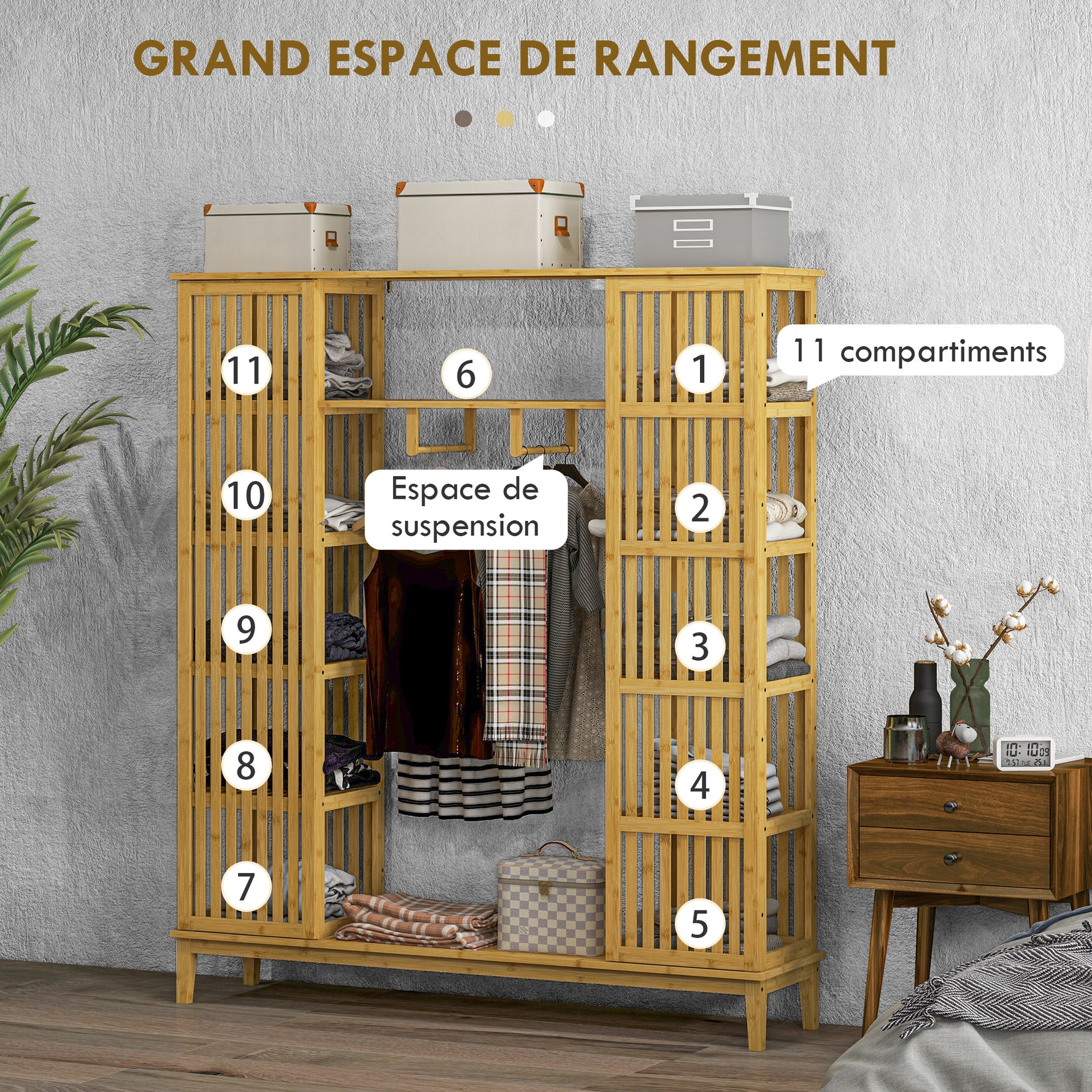 Armoire en bambou avec 2 portes coulissantes, étagères et tringle, grande armoire pour la chambre, 145 x 35 x 165cm