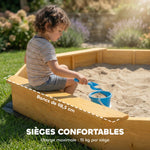 Bac à sable en bois avec auvent, bac à sable enfant extérieur avec 4 bancs, doublure de fond, jaune