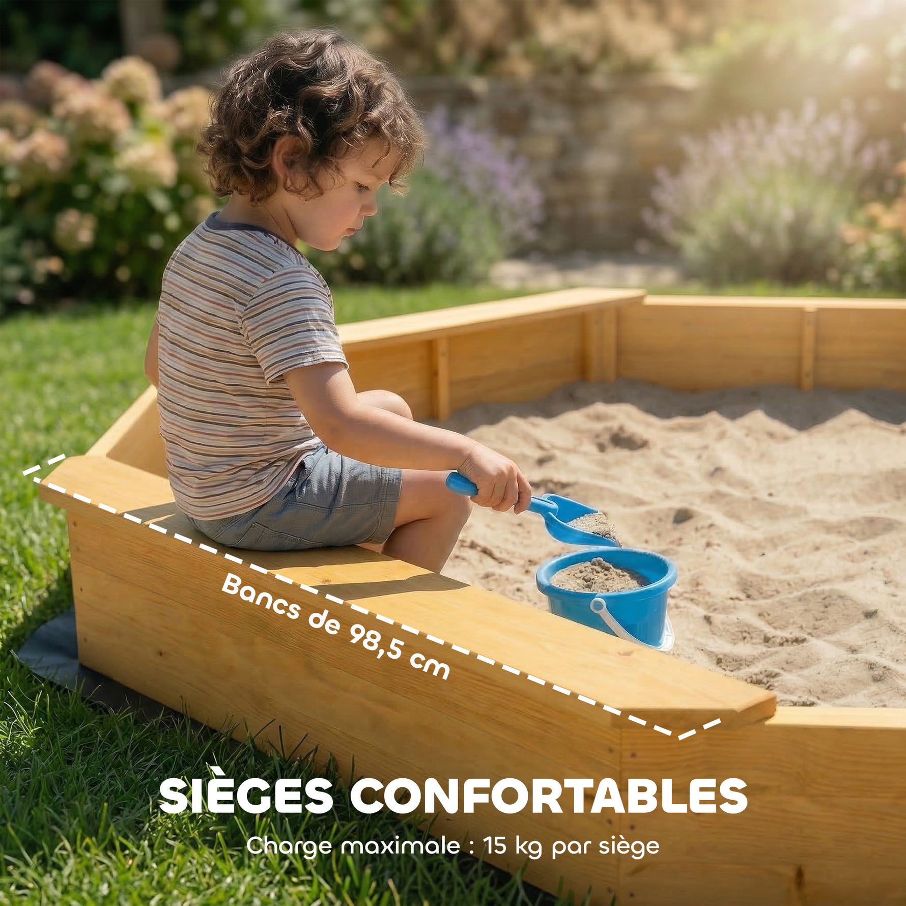 Bac à sable en bois avec auvent, bac à sable enfant extérieur avec 4 bancs, doublure de fond, jaune
