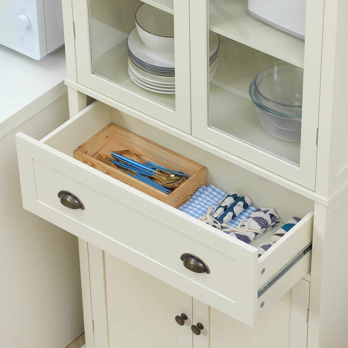 Buffet meuble cuisine rangement armoire de cuisine 4 portes dont 2 portes vitrées et 1 tiroir hauteur 182,5 cm avec étagères réglables - beige