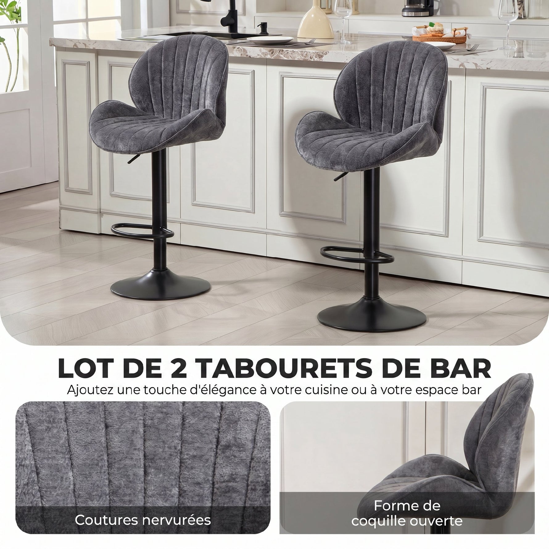 Lot de 2 Tabourets de Bar, Hauteur Réglable, Pivotant 360°, Siège Rembourré, Dossier et Repose-pieds, Gris