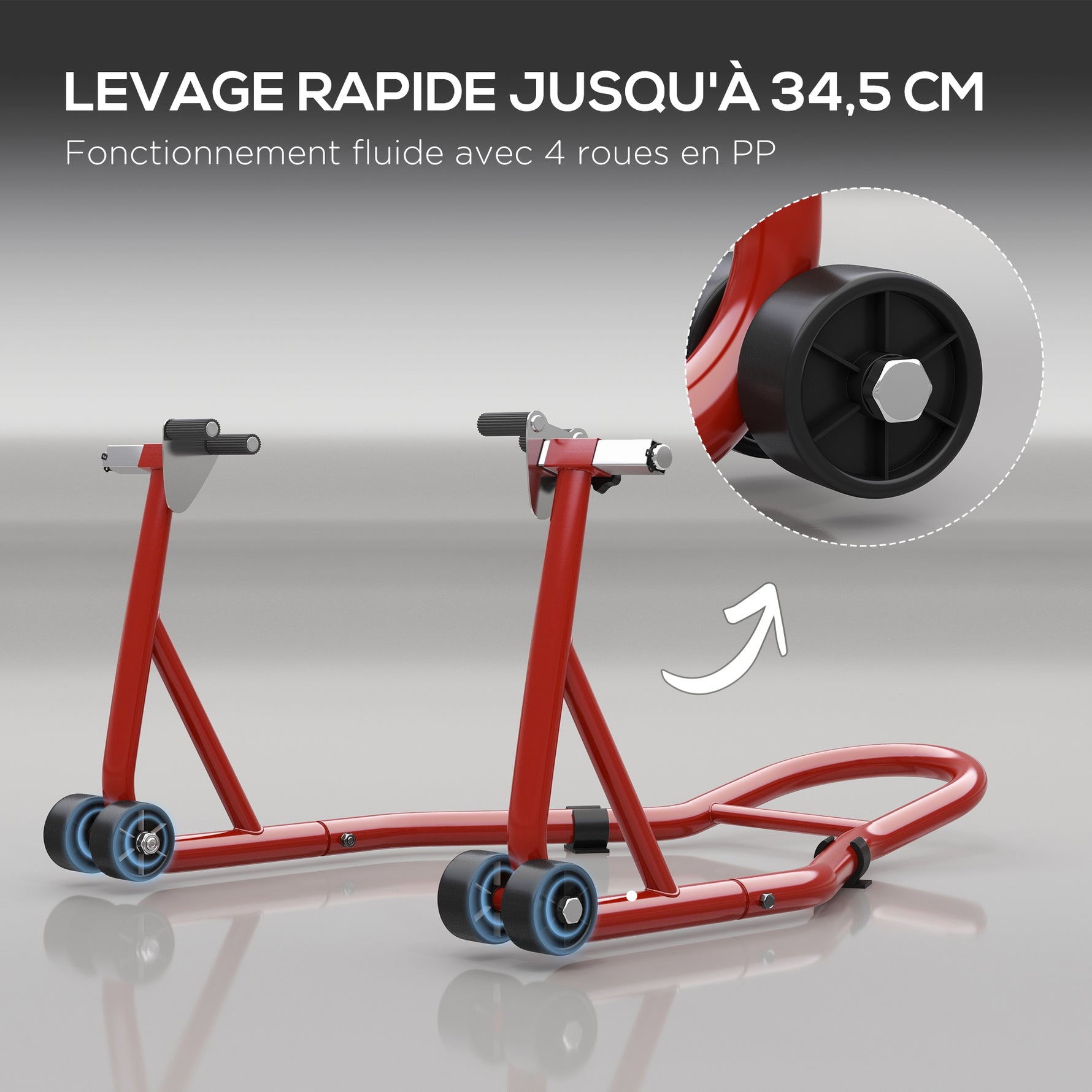 Support pour moto, béquille avant pour moto avec goupille réglable et adaptateurs pour bras oscillant, rouge