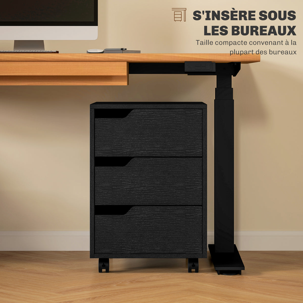Caisson bureau mobile, meuble rangement bureau sur roulettes, 3 tiroirs, 40x50x57,5cm, noir