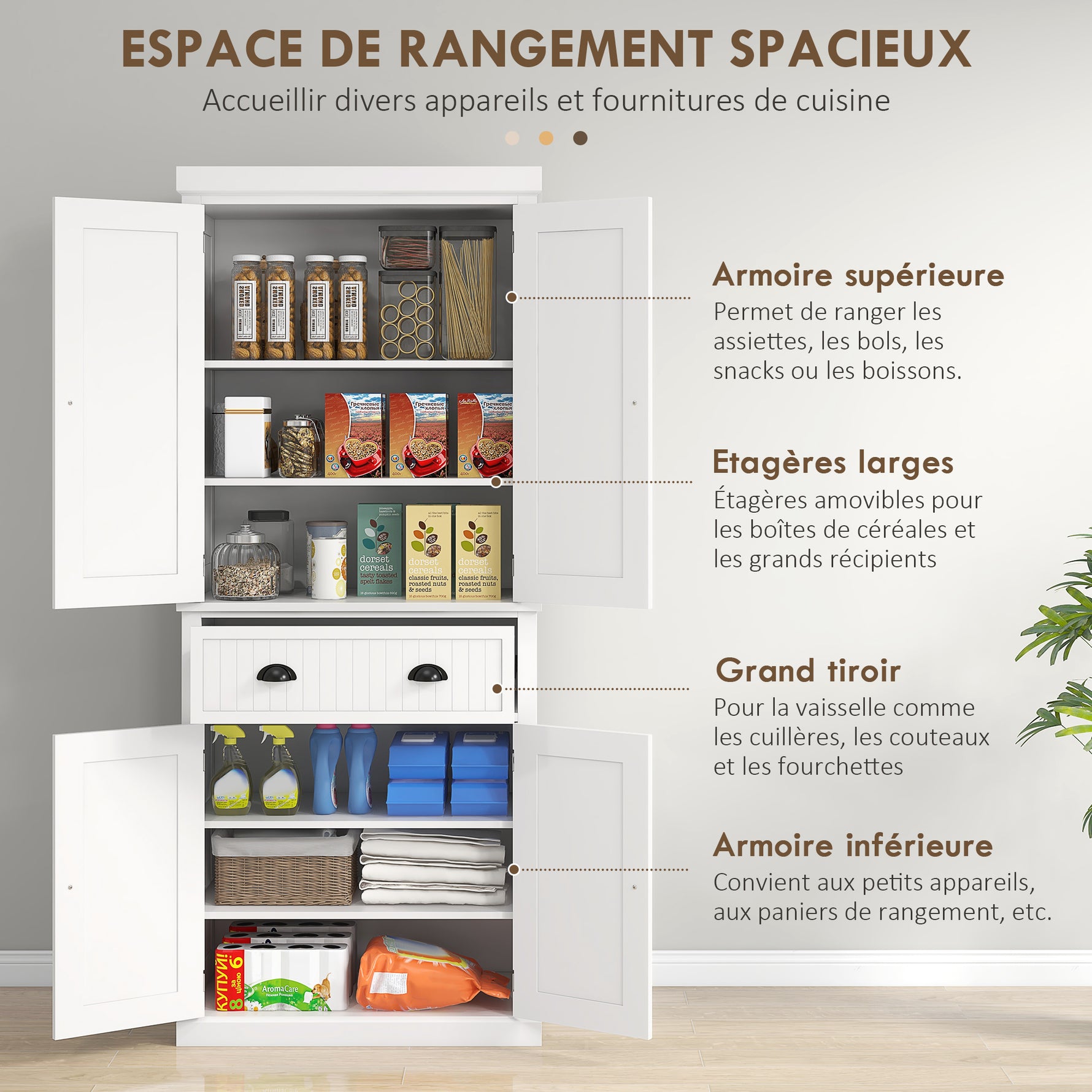 Armoire de cuisine buffet cuisine multi-rangements étagères réglables 4 portes grand tiroir 76,2 x 40,2 x 183 cm blanc