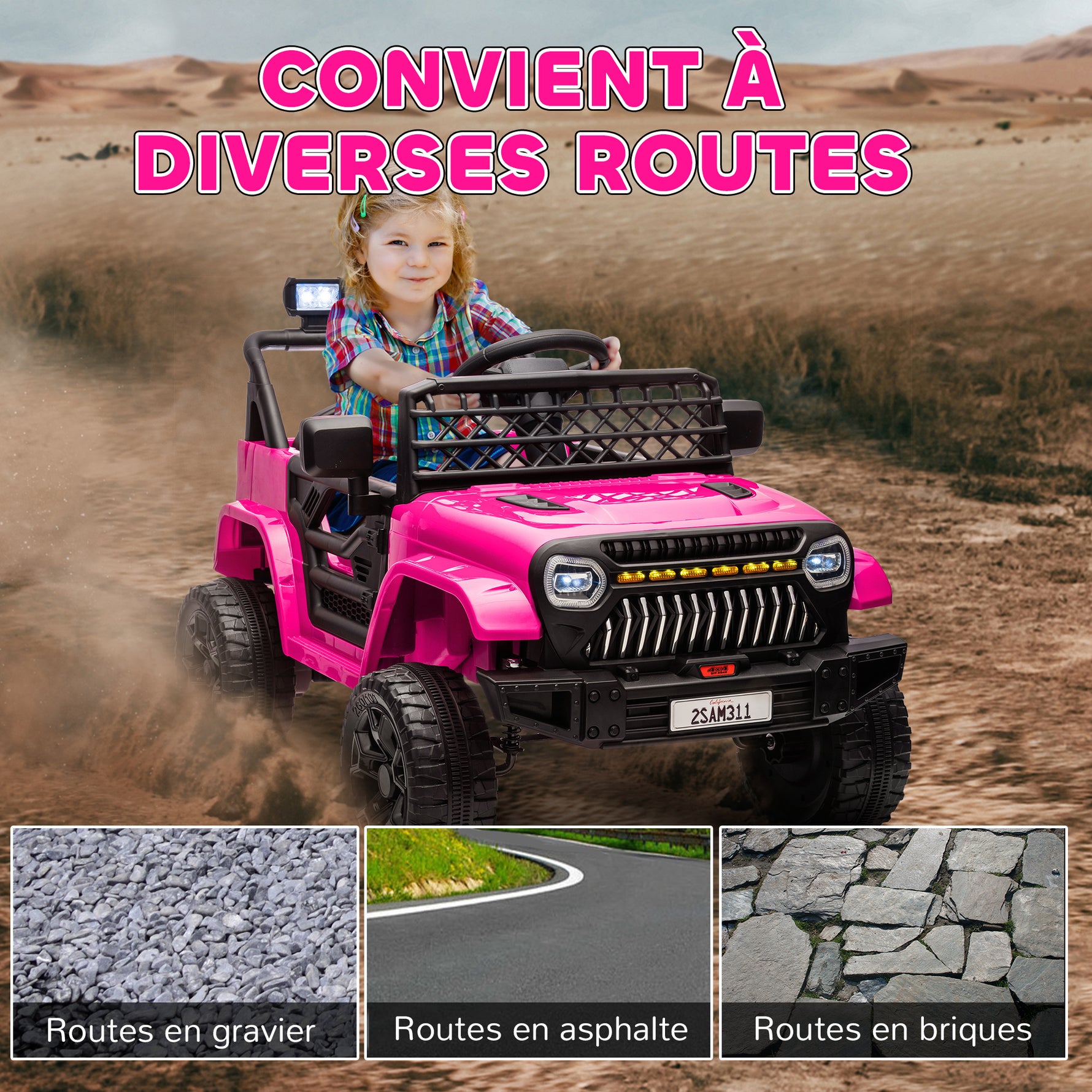 Voiture électrique enfant 4x4 télécommande 2,4Ghz, 2 moteurs 12 V, vitesse réglable, musique, klaxon, lumières LED, noir