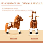 Cheval à Bascule en Bois et Peluche pour Enfant Cheval de Cowboy peluche Pour Enfants de 3-6 Ans Jouet balançoire avec Effet sonore Selle rênes Marron Blanc
