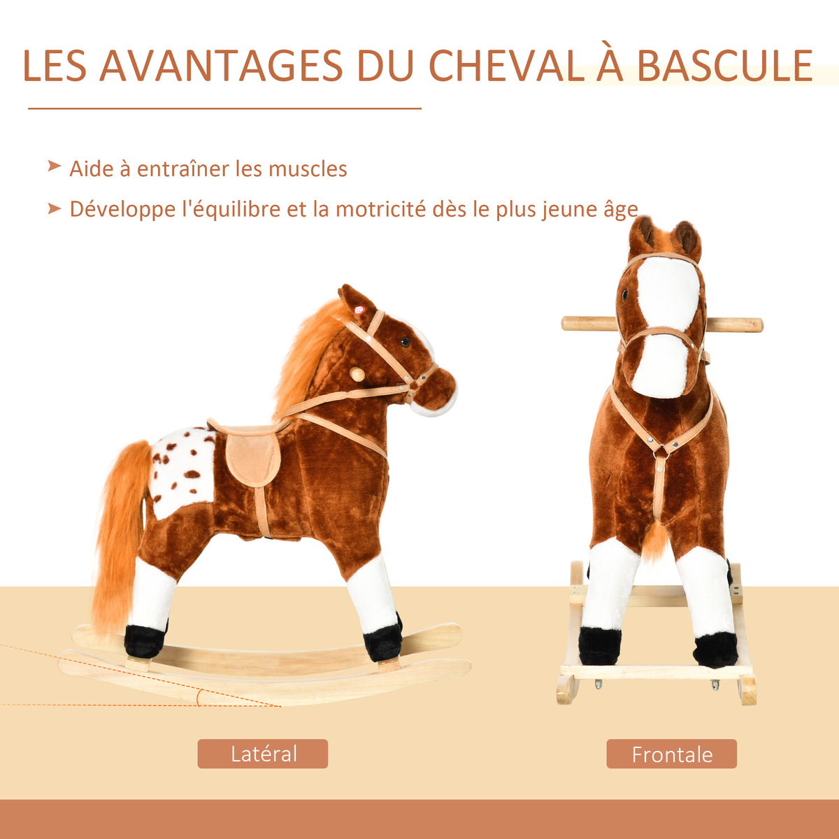 Cheval à Bascule en Bois et Peluche pour Enfant Cheval de Cowboy peluche Pour Enfants de 3-6 Ans Jouet balançoire avec Effet sonore Selle rênes Marron Blanc