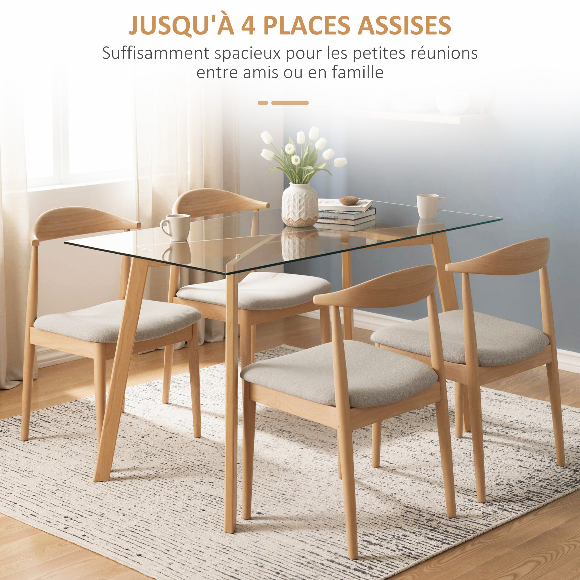 Table à manger pour 4 personnes, 120x60x76cm, table de cuisine, plateau en verre trempé et pieds en acier, transparent