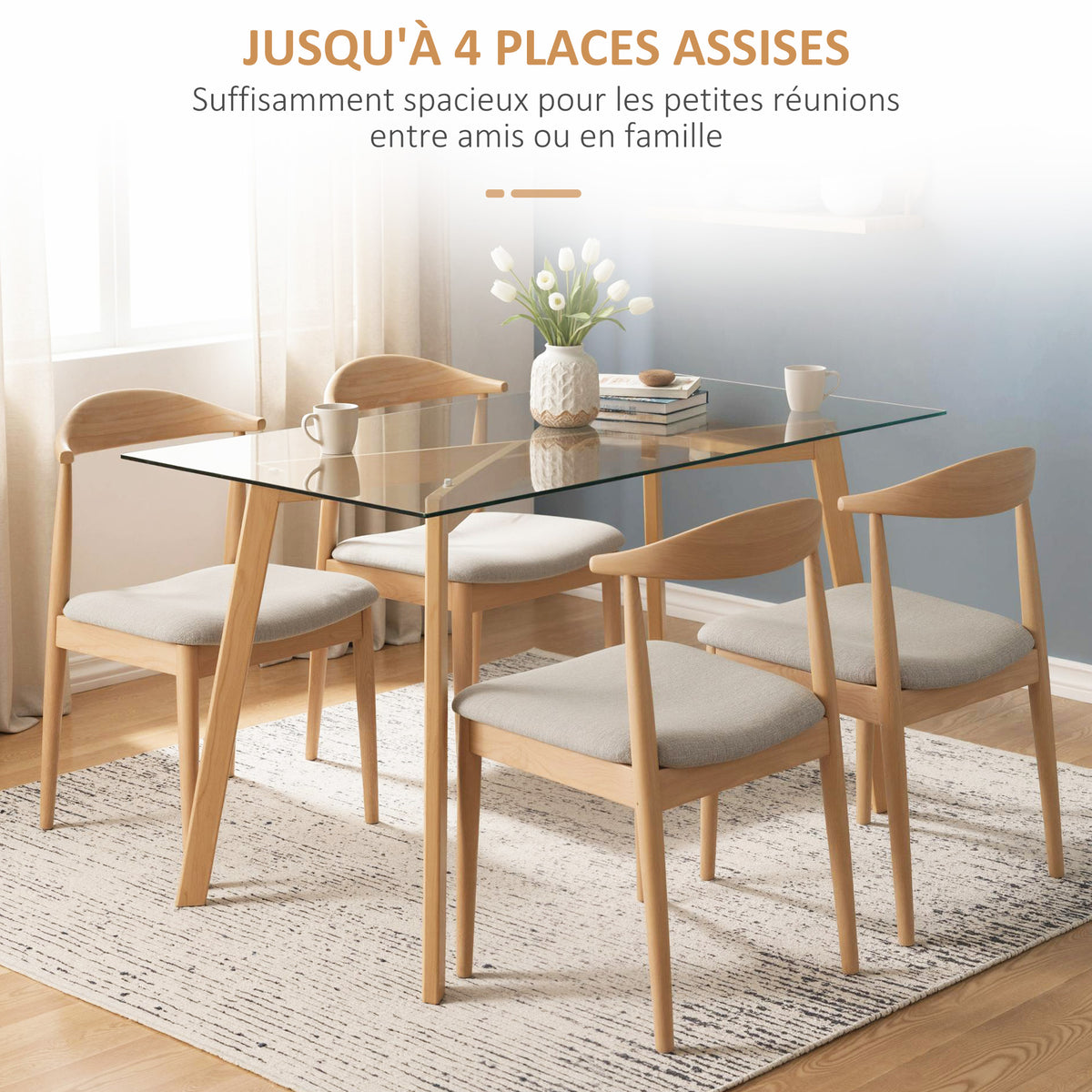 Table à manger pour 4 personnes, 120x60x76cm, table de cuisine, plateau en verre trempé et pieds en acier, transparent