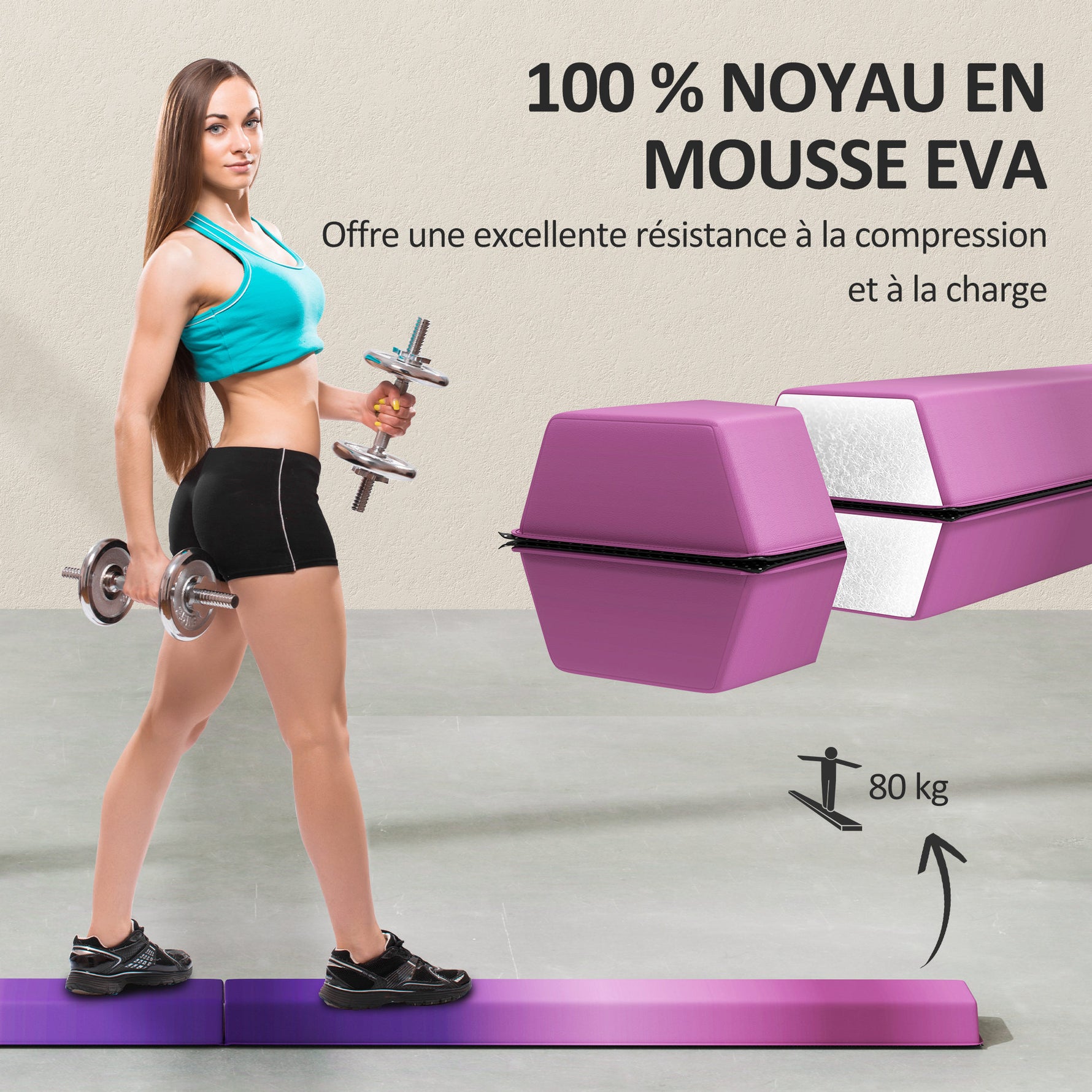 Poutre de gymnastique pliable fond antidérapant, poignée de transport, 236 x 10/15 x 6,5 cm violet et rose