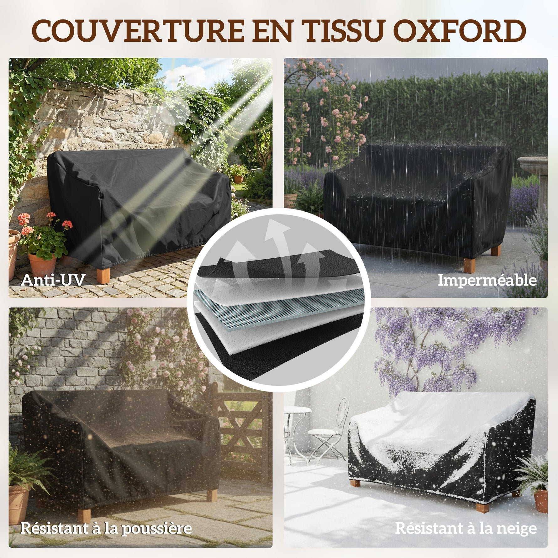Banc de Jardin Banc Extérieur 2 Places avec Housse Imperméable et Dossier Ergonomique Bois Marron Clair