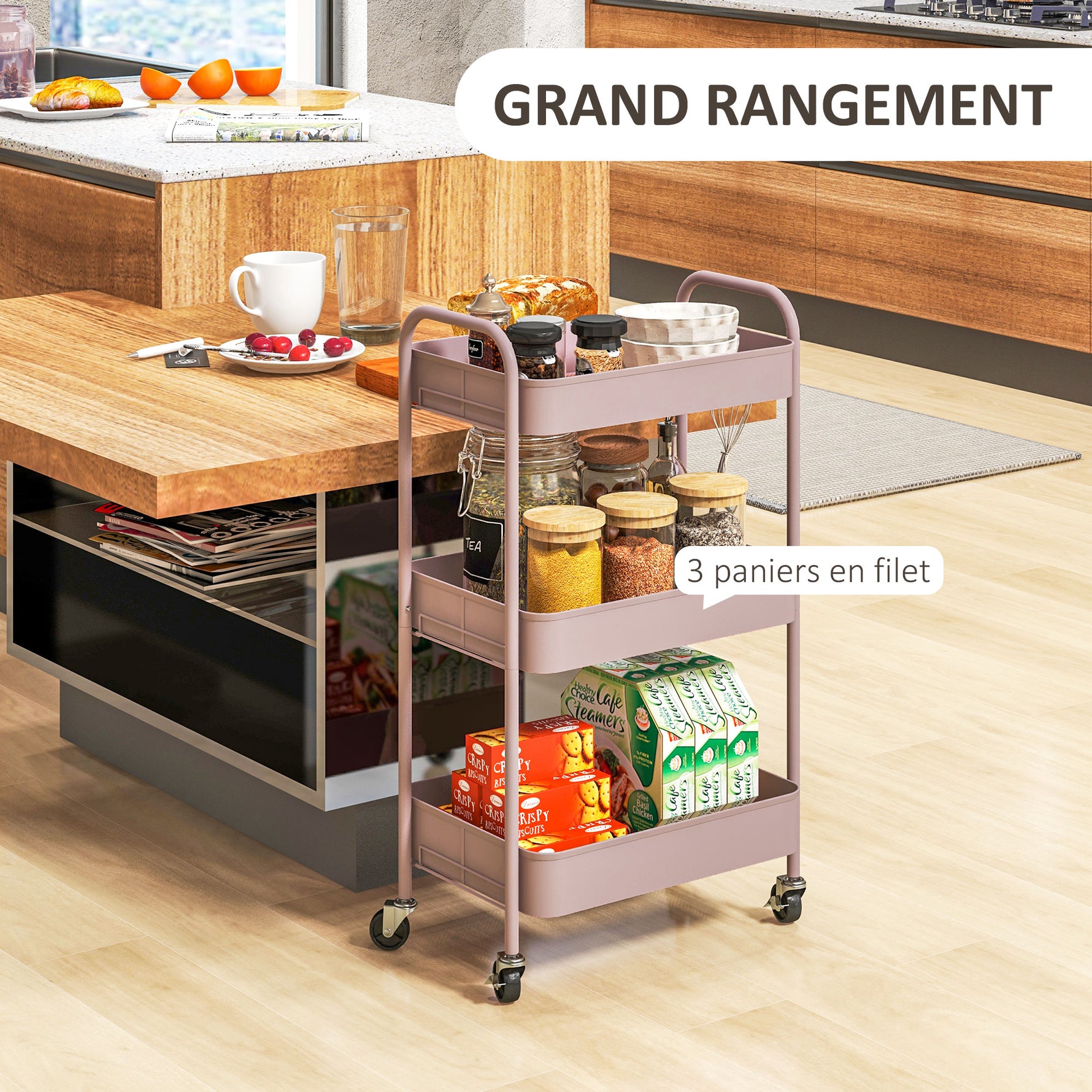 Desserte chariot de rangement en acier chariot de service à roulettes 3 plateaux ajourés 45 x 30,6 x 79 cm rose