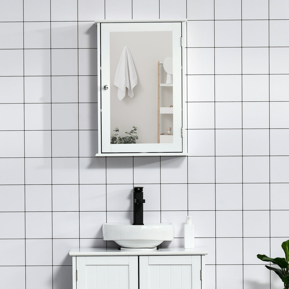Badezimmer-Wandschrank mit Spiegel - Spiegelschrank - WC-Aufbewahrungsschrank - 1 Tür, 2 Ablagen - Glas MDF Weiß