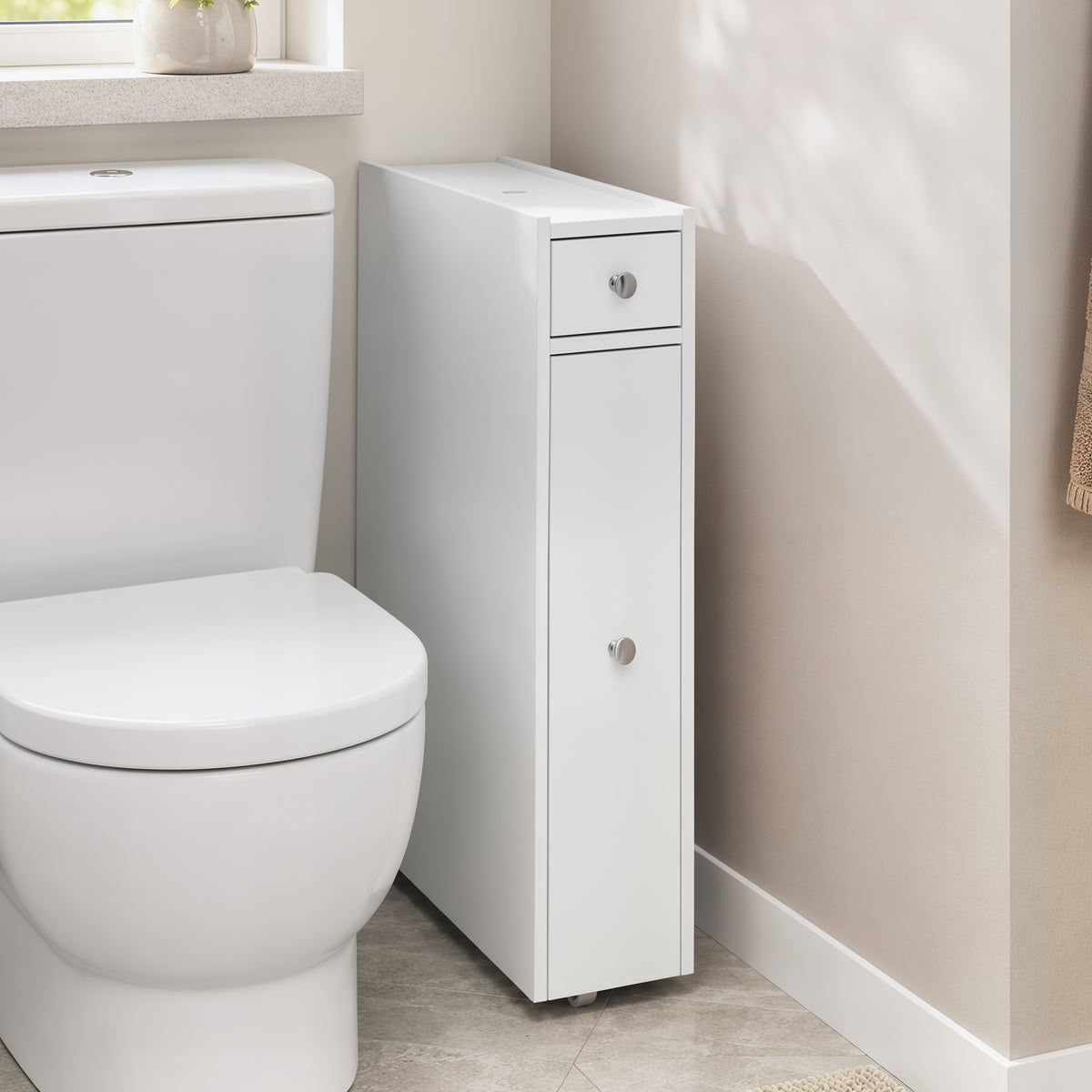 Meuble de salle de bain étroit, armoire de salle de bain sur pied avec 2 tiroirs et étagère ouverte, 16x48x58cm, blanc