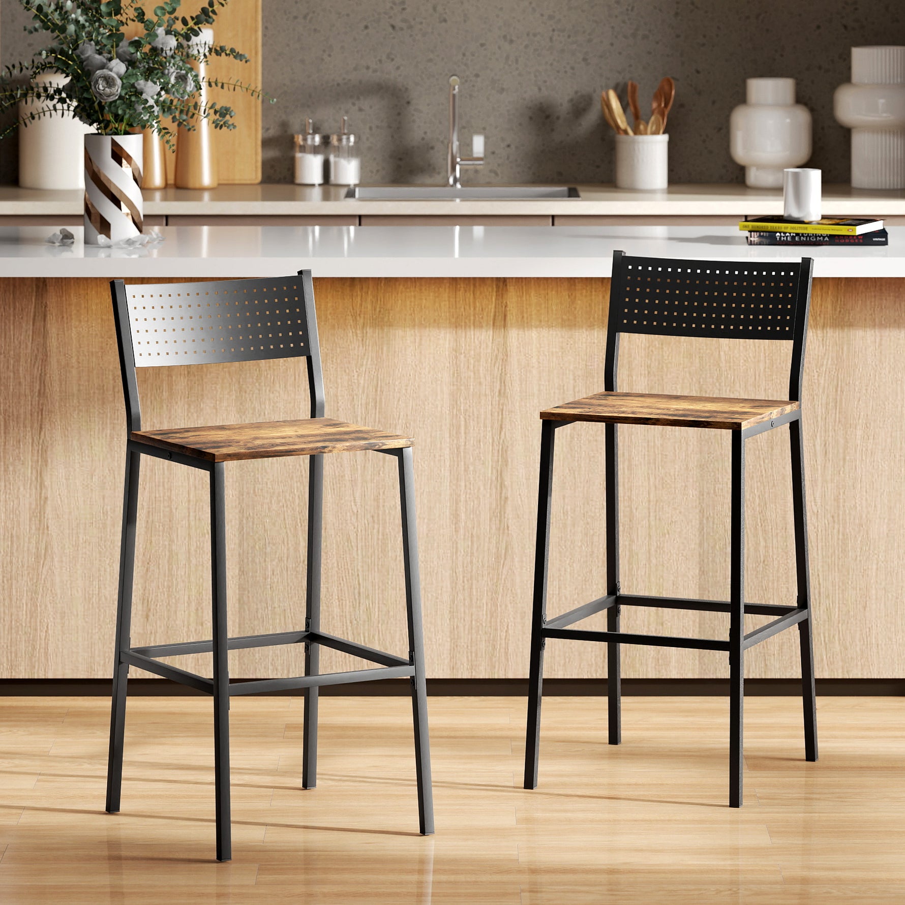 Lot de 2 tabourets de bar, chaises de bar, assise 72,5H cm, dossier et repose-pieds, pieds en métal, brun rustique
