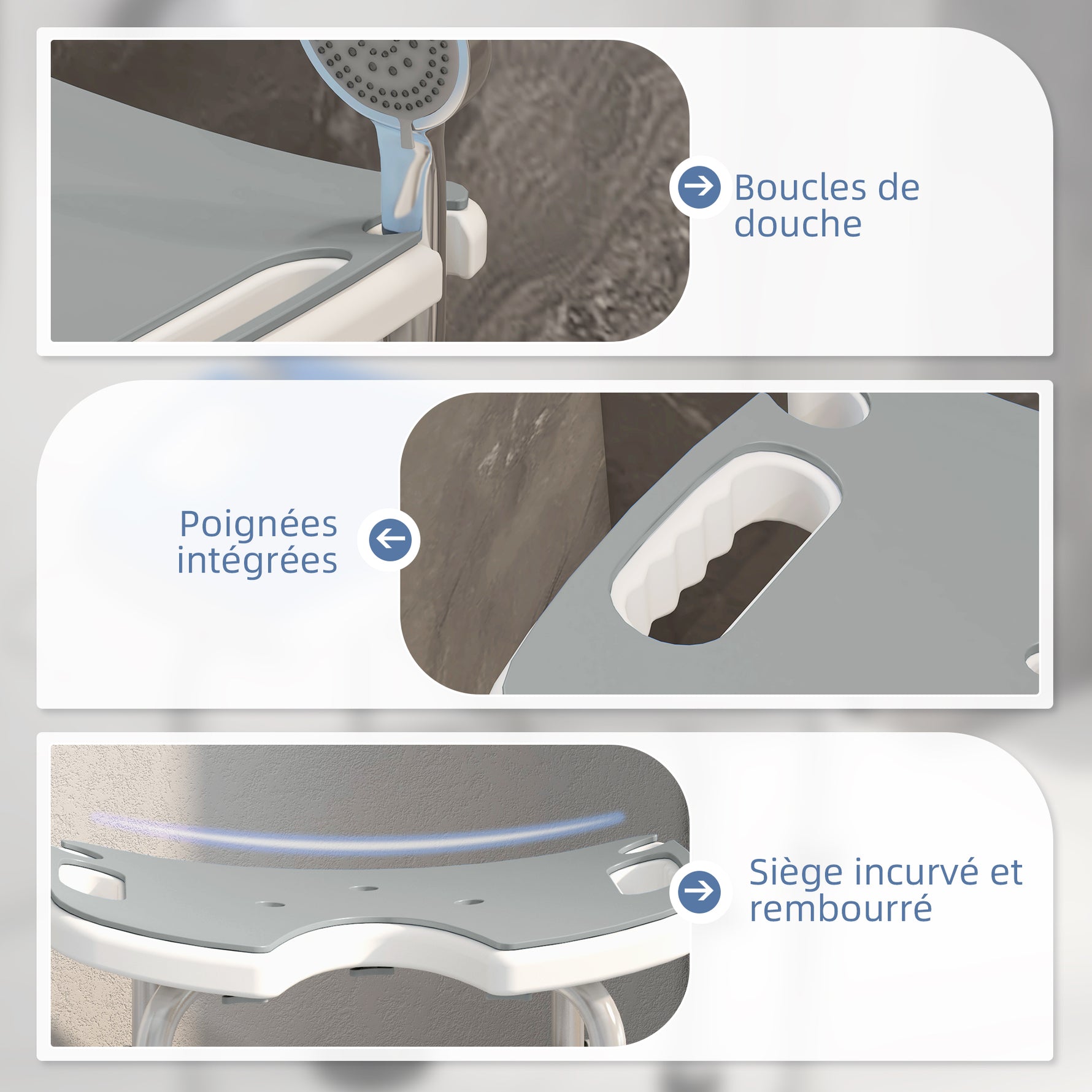 Tabouret de douche siège de douche hauteur ajustable 39-51,5 cm barre d'appui à ventouse patins à ventouse gris
