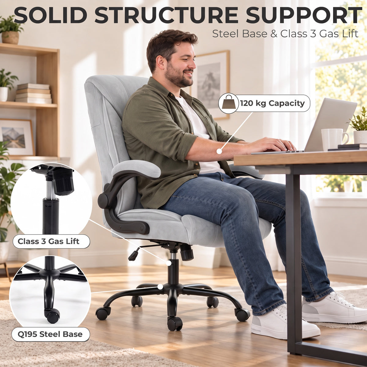 Silla de oficina ergonómica de tela de franela, altura ajustable, reclinable, reposabrazos abatibles, 66x77x122 cm, gris claro