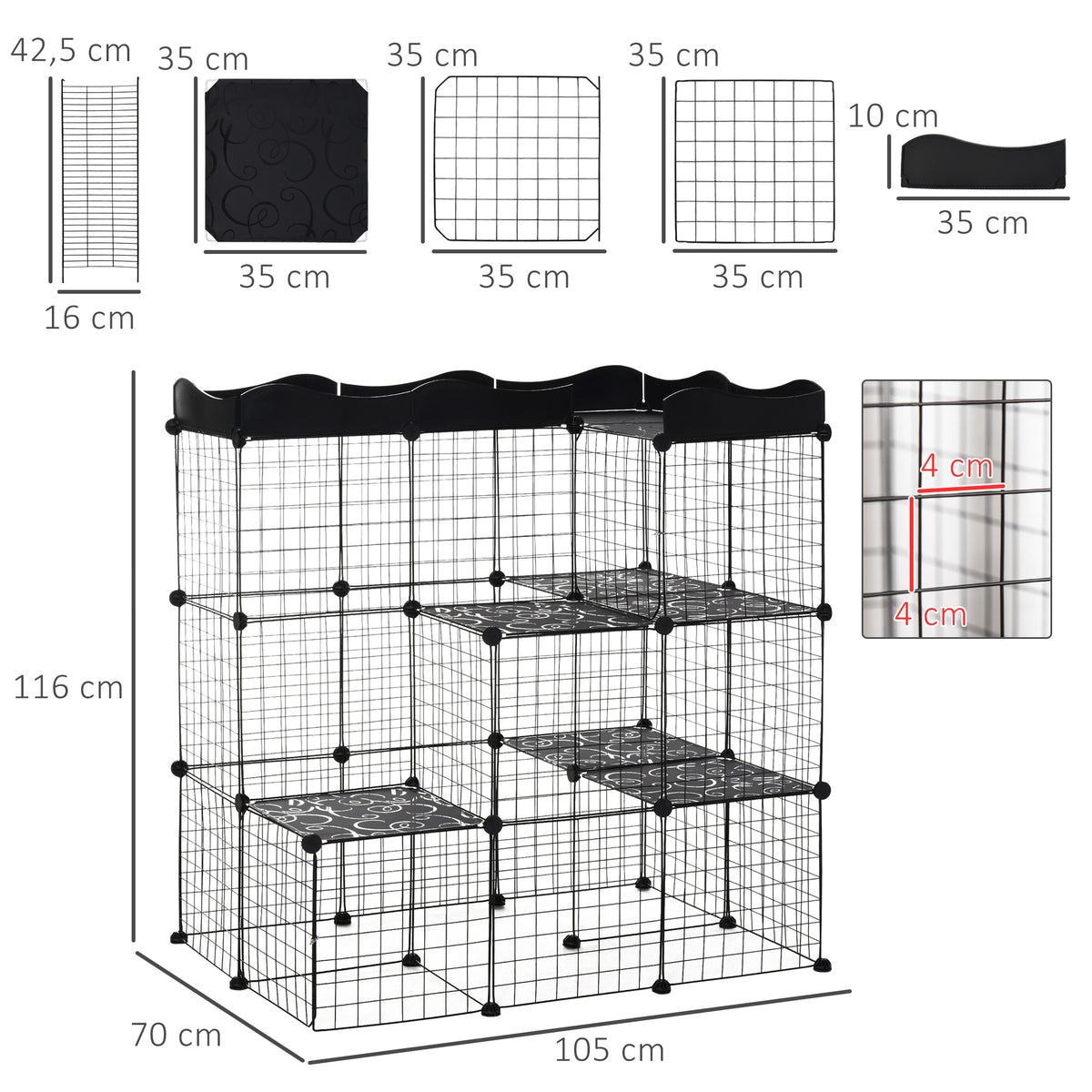 Cage parc enclos pour petits animaux chats lapins modulable 3 niveaux 2 portes rampe fil métallique 105 x 70 x 116 cm noir