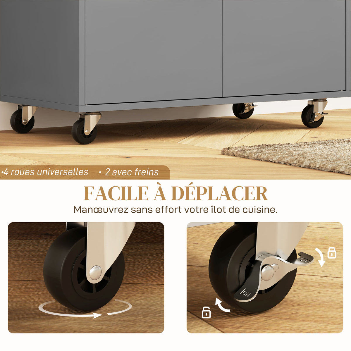 Desserte de cuisine sur roulettes, Îlot central cuisine tiroir étagère réglable support à épices et porte-serviette gris