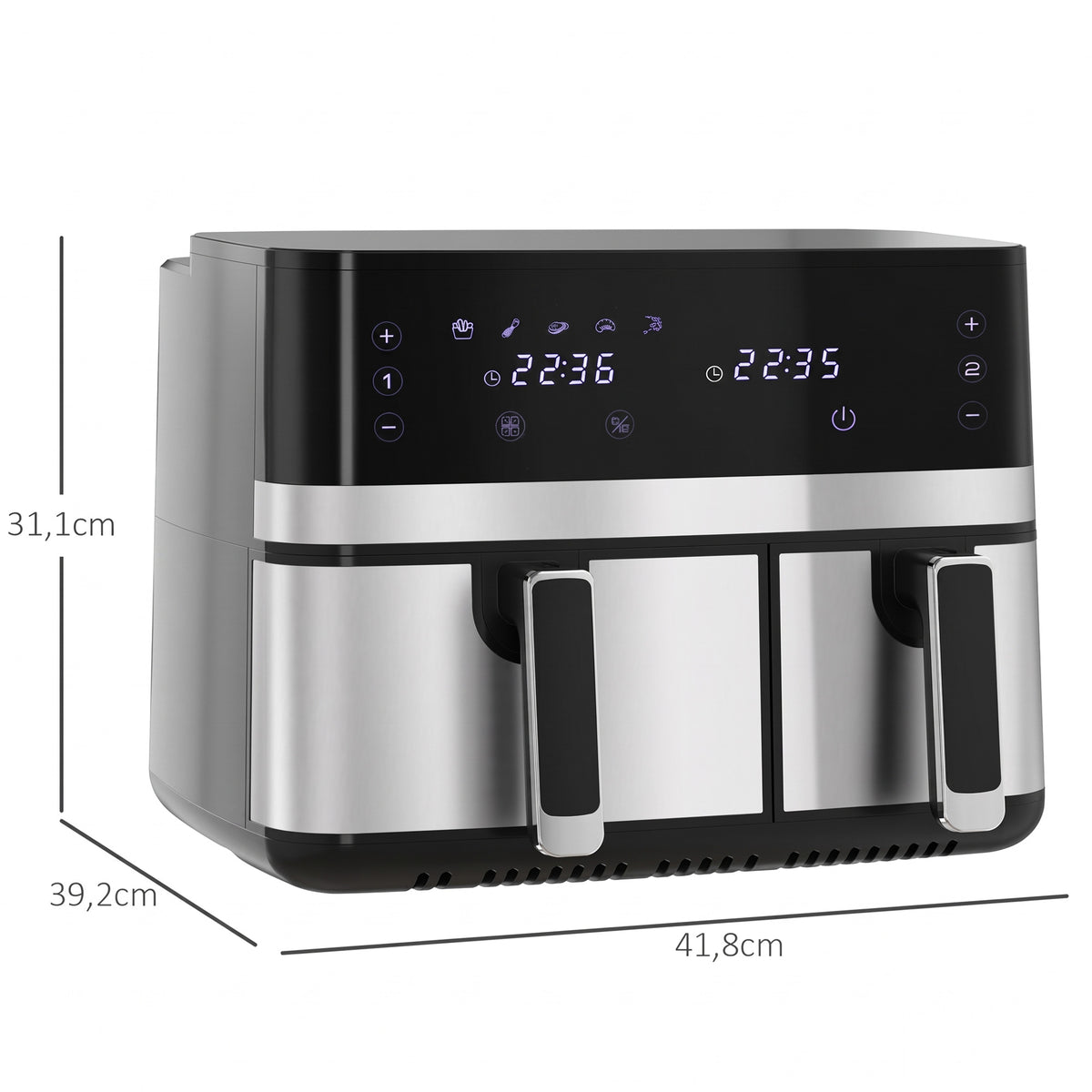 Olio gabeko aire-frijigailua, Air Fryer, konpartimentu bikoitza 8,5 L, 2700 W - 8 programa, tenperatura erregulagarria, tenporizadorea