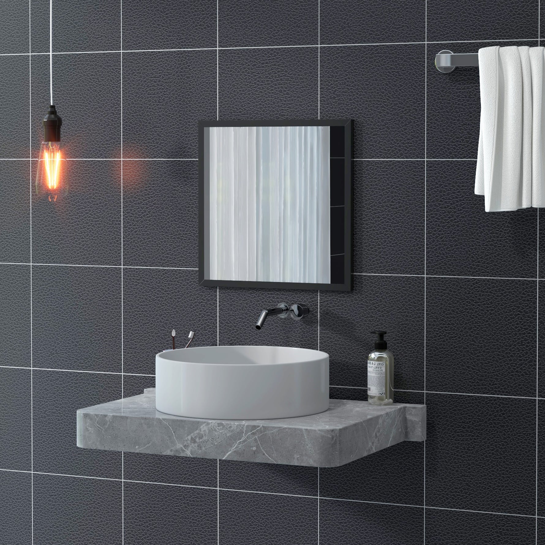 Miroir mural carré 50 x 50 cm, cadre en bois noir, idéal pour la salle de bain, salon ou chambre